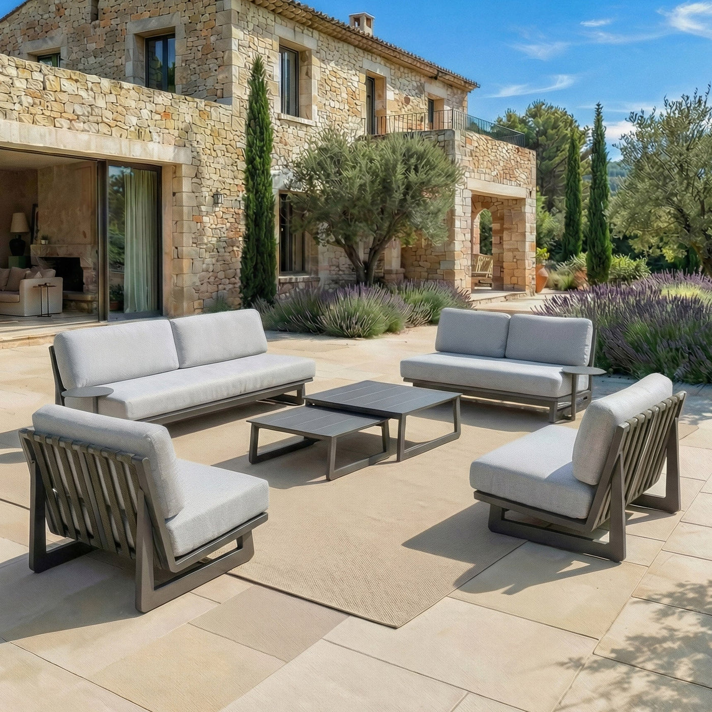 Salon de jardin Long Beach Meublot pour 7 personnes, ensemble de mobilier extérieur avec table et chaises en bois.