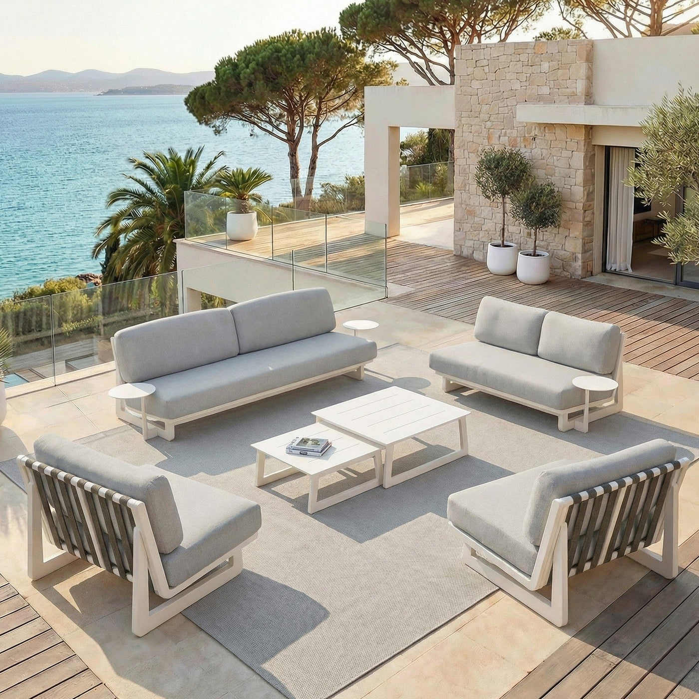 Salon de jardin Long Beach Meublot avec 7 places, ensemble de meubles extérieurs en bois et coussins confortables.