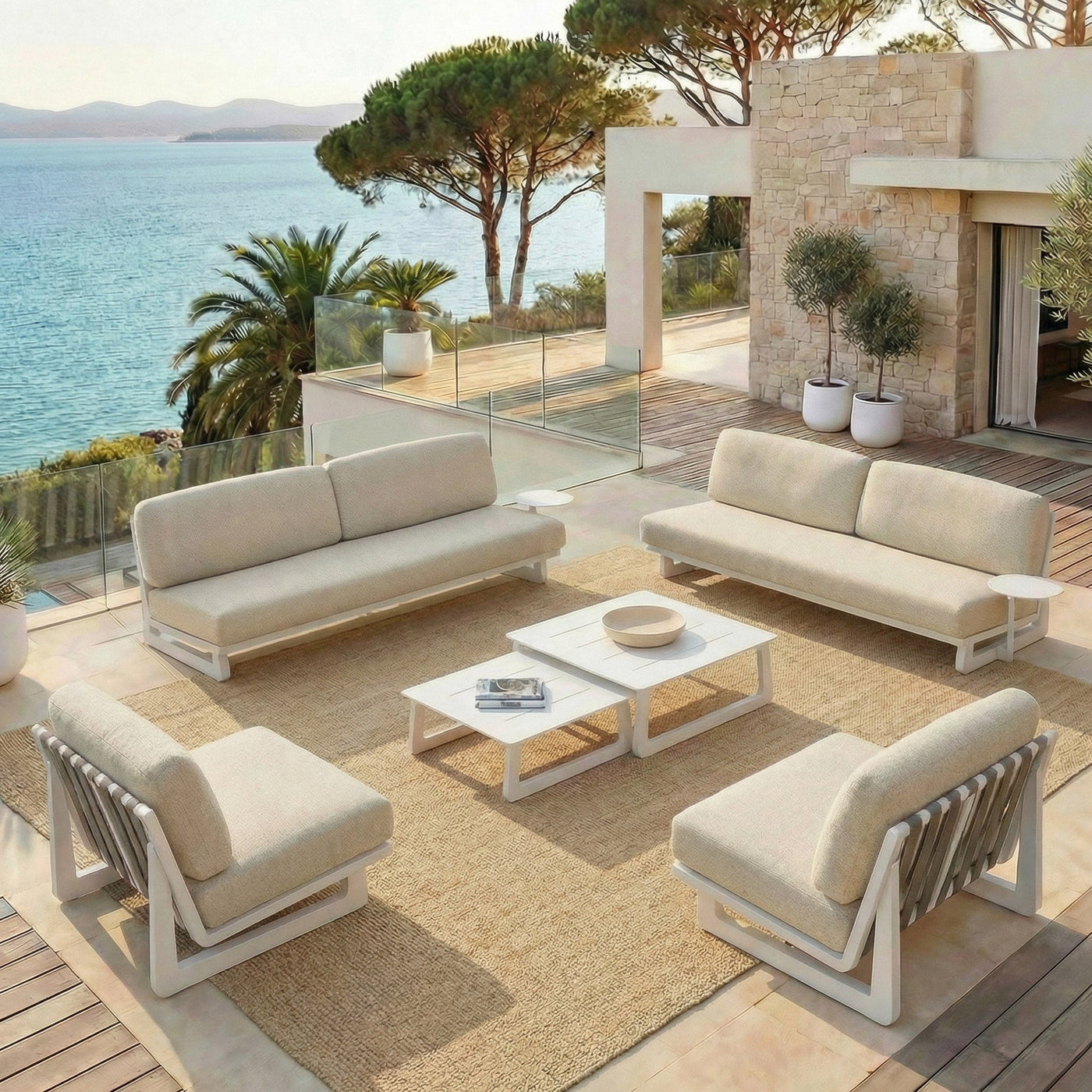 Salon de jardin Long Beach pour 8 personnes de la marque Meublot, table et chaises en bois naturel, idéal pour l'extérieur.