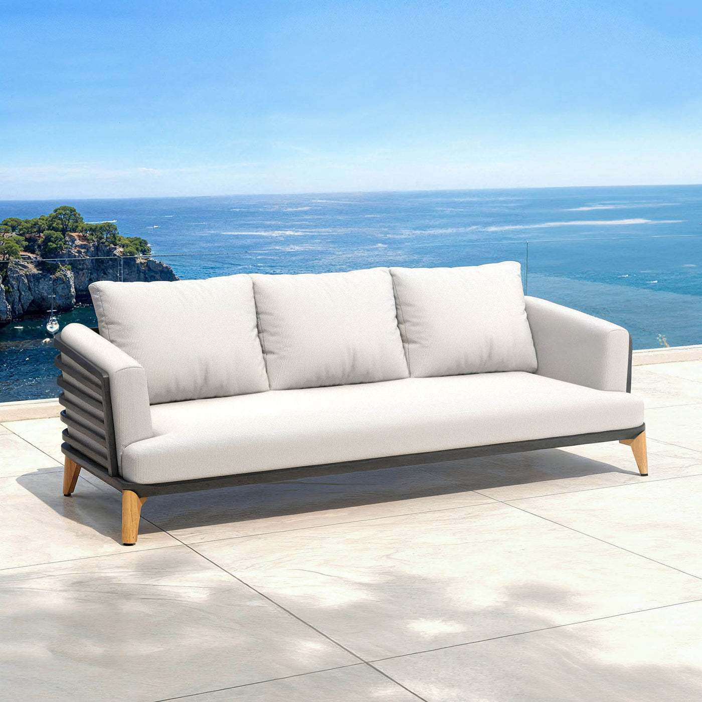 Canapé de salon de jardin Monte Carlo Meublot, 12 places, avec coussins gris nuage et structure anthracite.