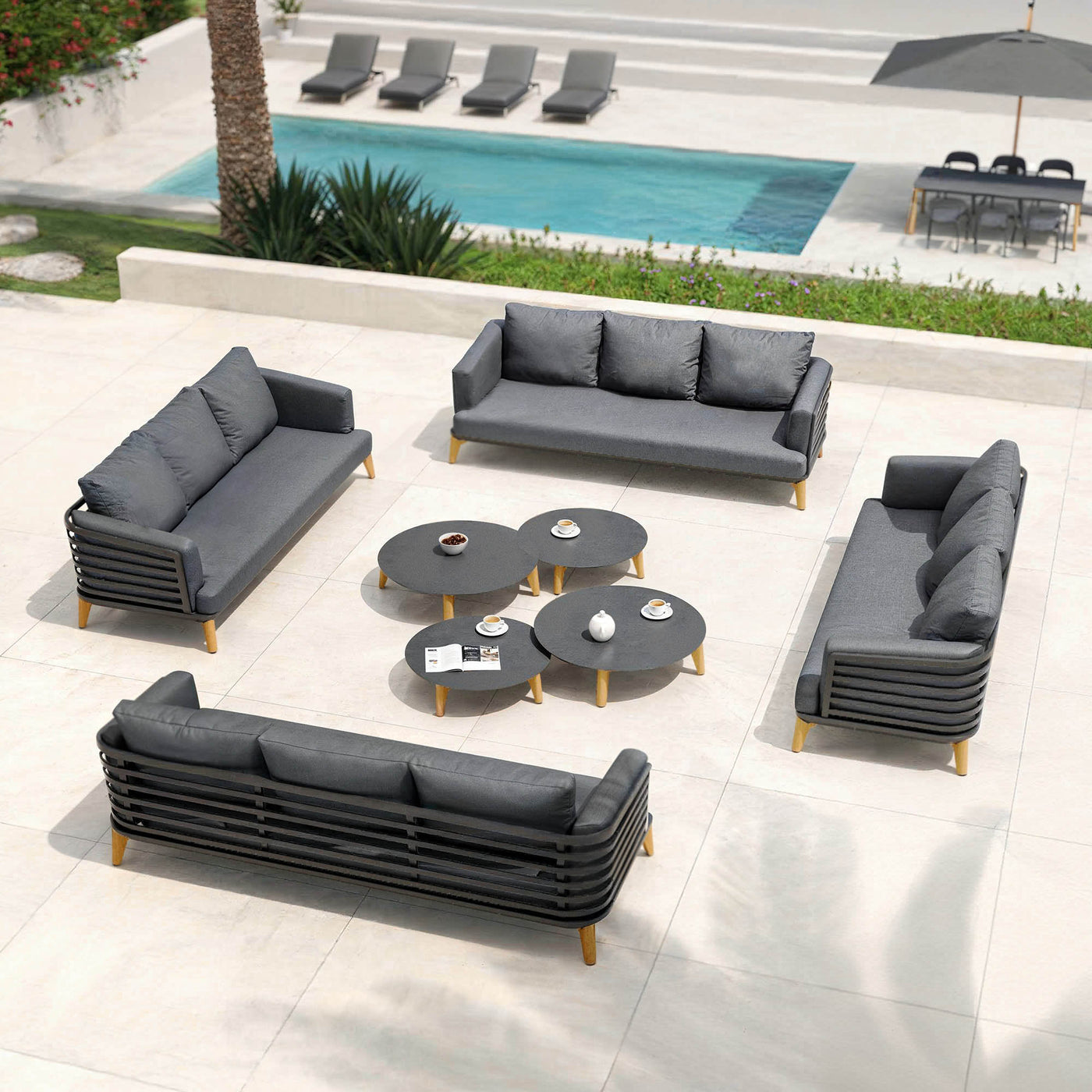 Table de jardin Monte Carlo 12 places en anthracite, avec chaises assorties, mobilier de plein air Meublot.