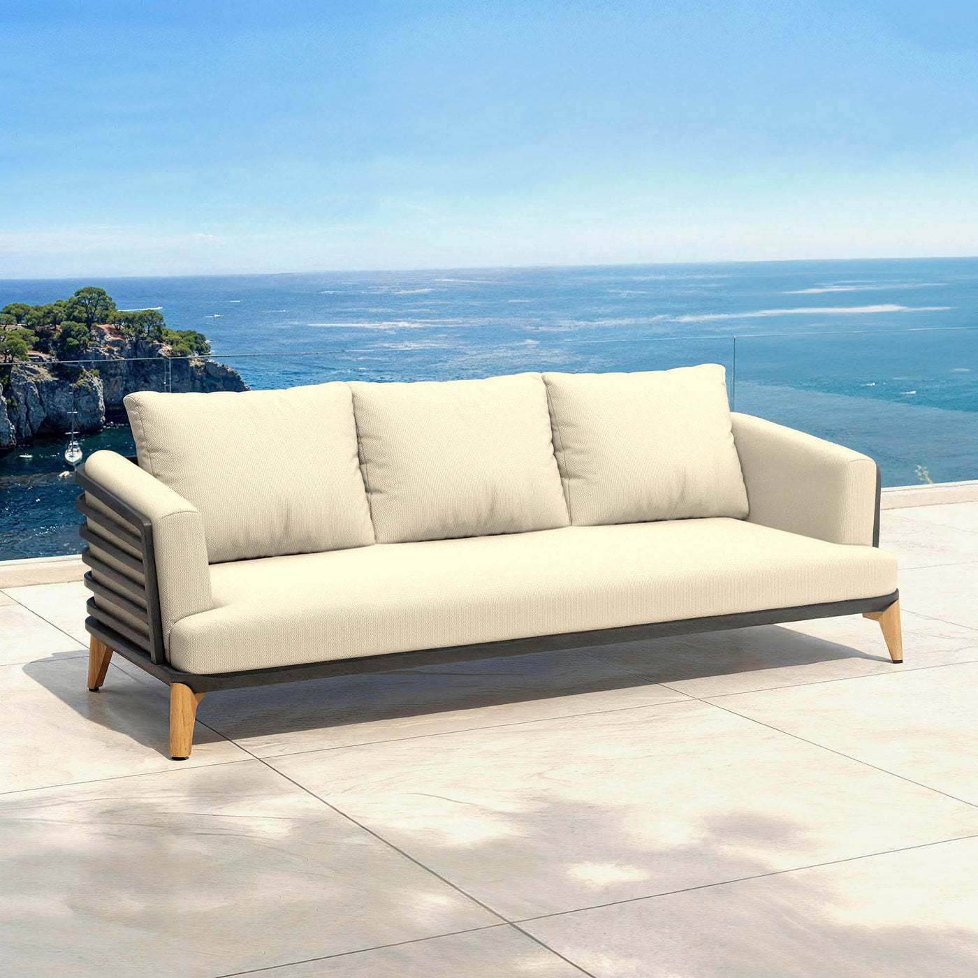 Canapé de salon de jardin Monte Carlo 12 places de couleur anthracite et beige, par Meublot, avec coussins.