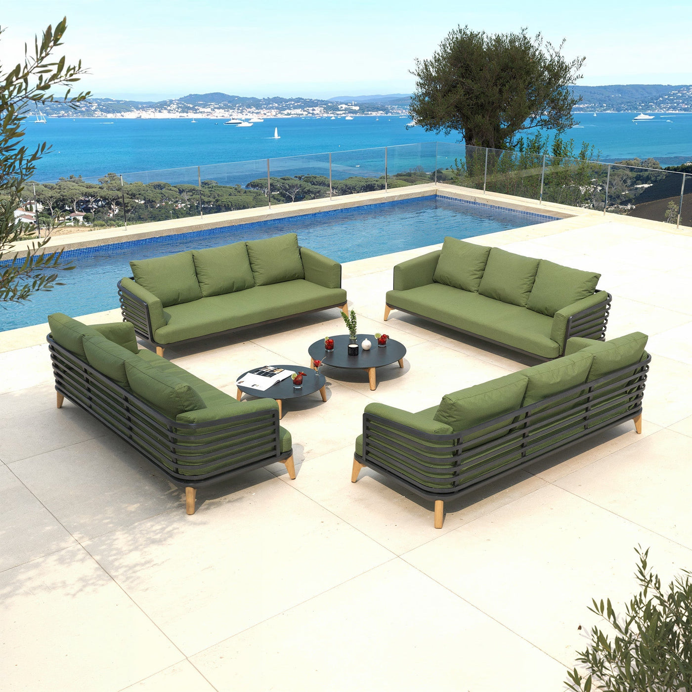 Table de jardin Monte Carlo 12 places de Meublot avec chaises vert anthracite, élégant mobilier extérieur en plein air.