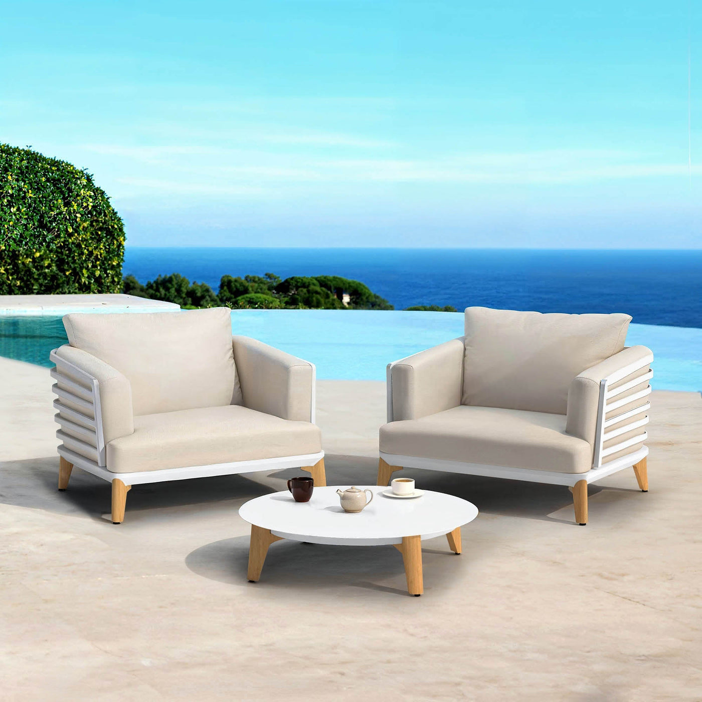 Fauteuil de jardin Monte Carlo Meublot pour 2 personnes, avec coussins beiges et structure en métal moderne.