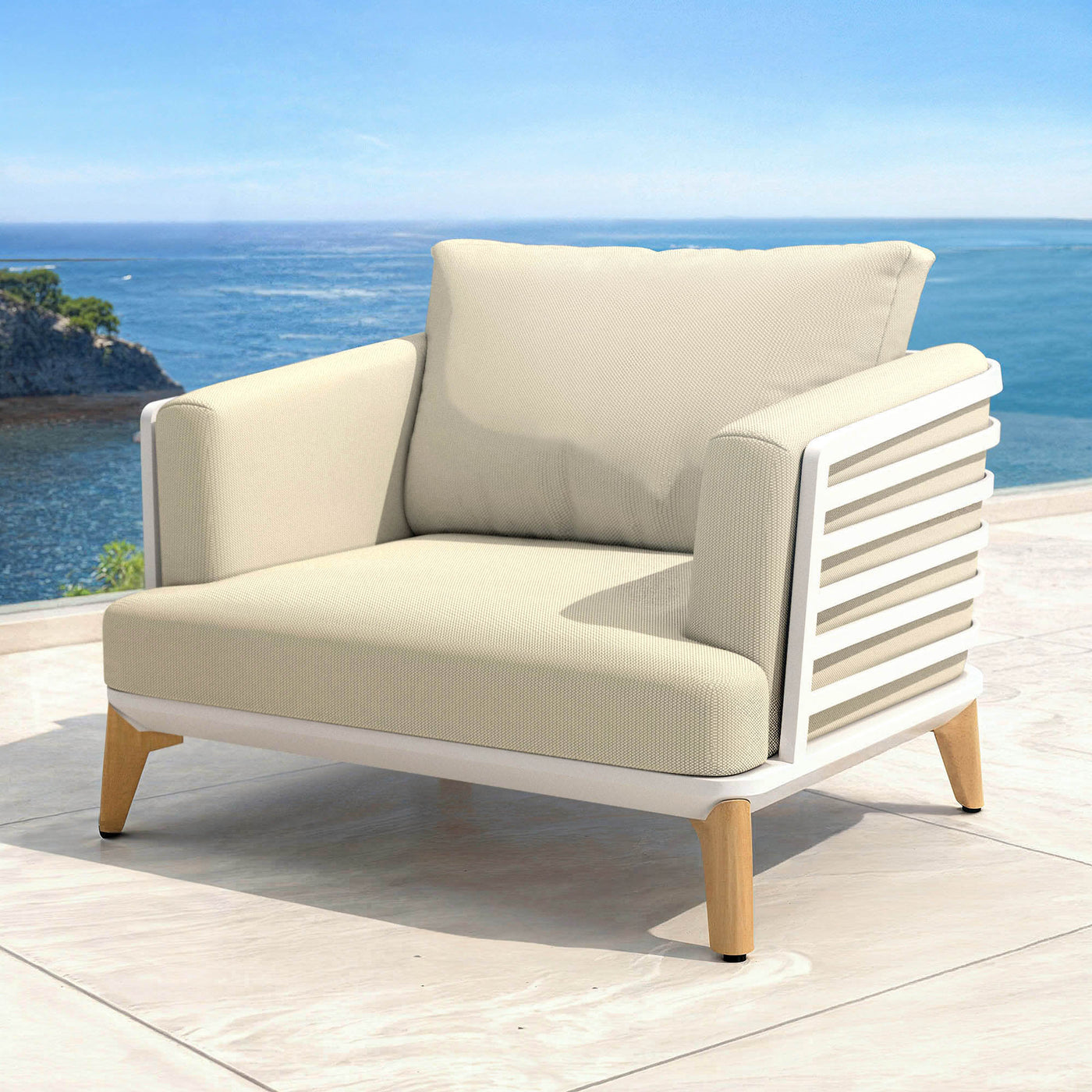 Fauteuils de salon de jardin Monte Carlo 5 places de la marque Meublot, en blanc et beige, avec coussins confortables.
