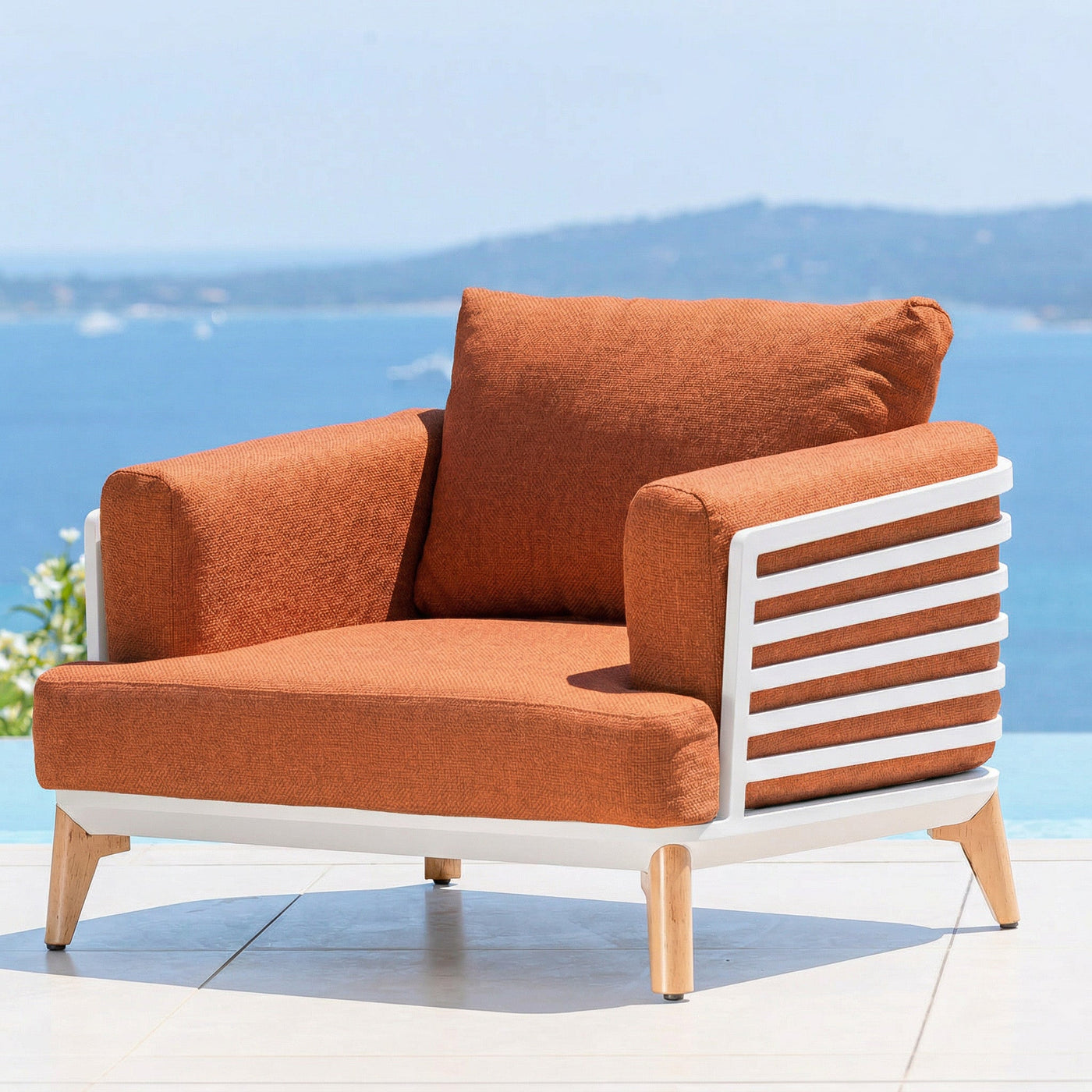 Salon de jardin Monte Carlo 5 places de la marque Meublot avec table et chaises en extérieur, design élégant et moderne.