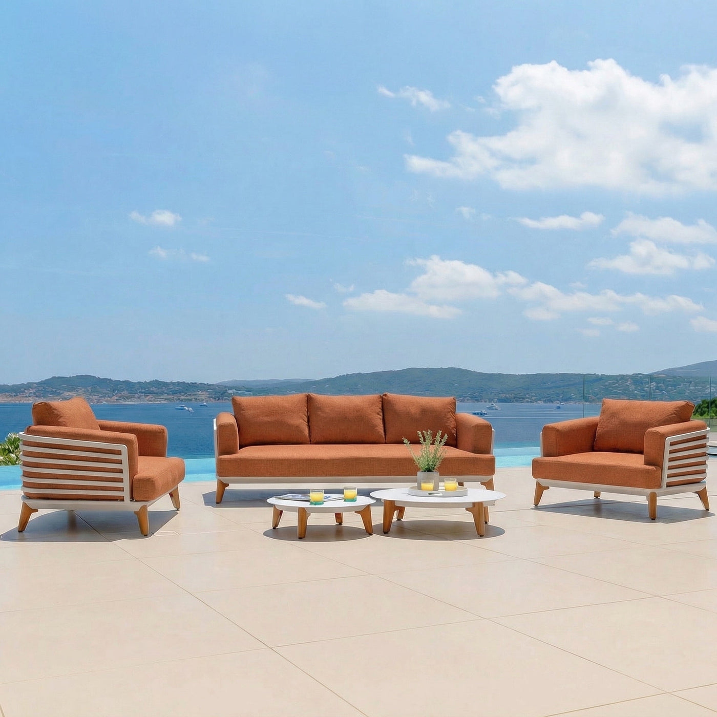 Salon de jardin Monte Carlo 5 places de la marque Meublot avec table et fauteuils en bois et tissus confortables.