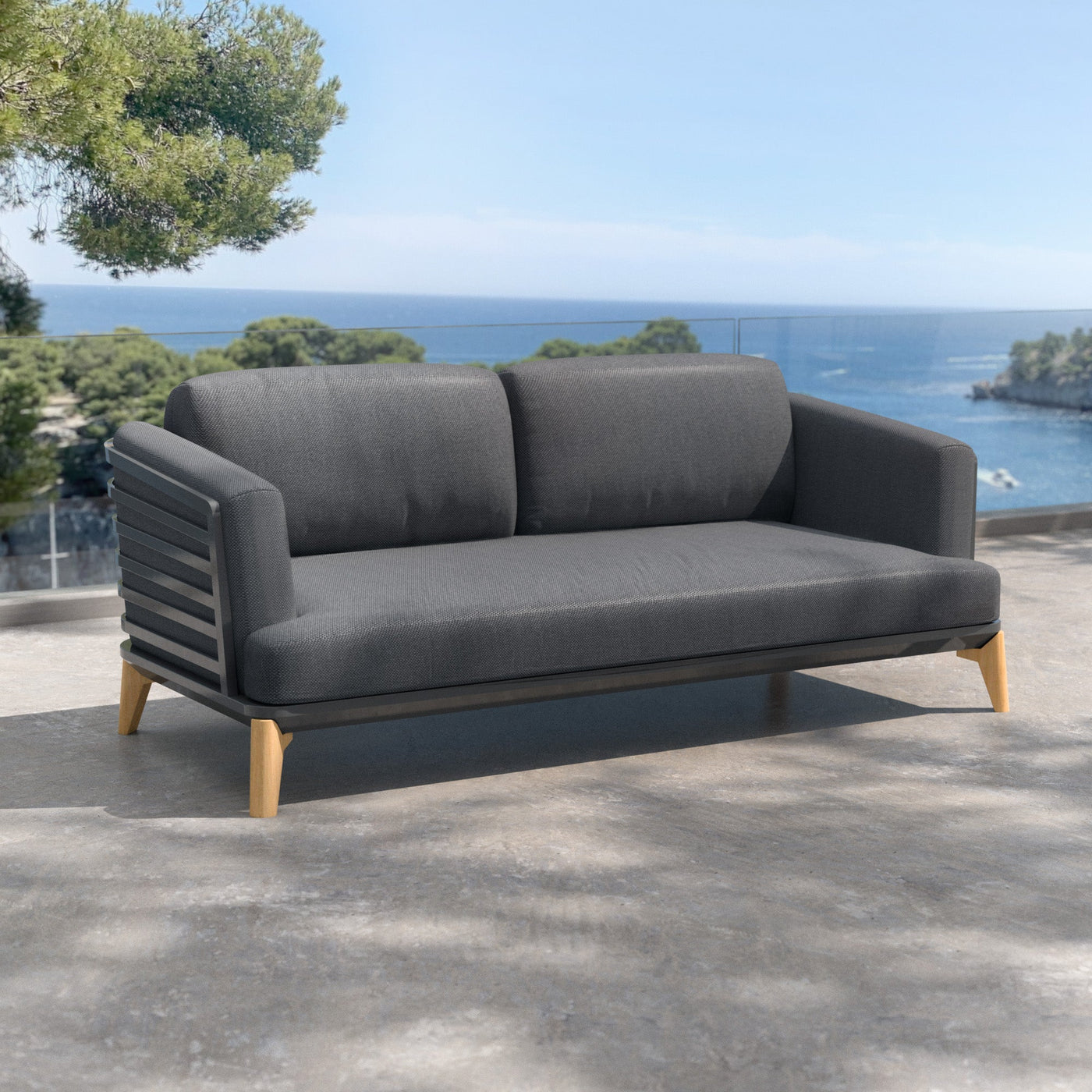 Salon de jardin Monte Carlo 5 places de Meublot avec fauteuils en anthracite, table en bois, pour extérieur élégant.