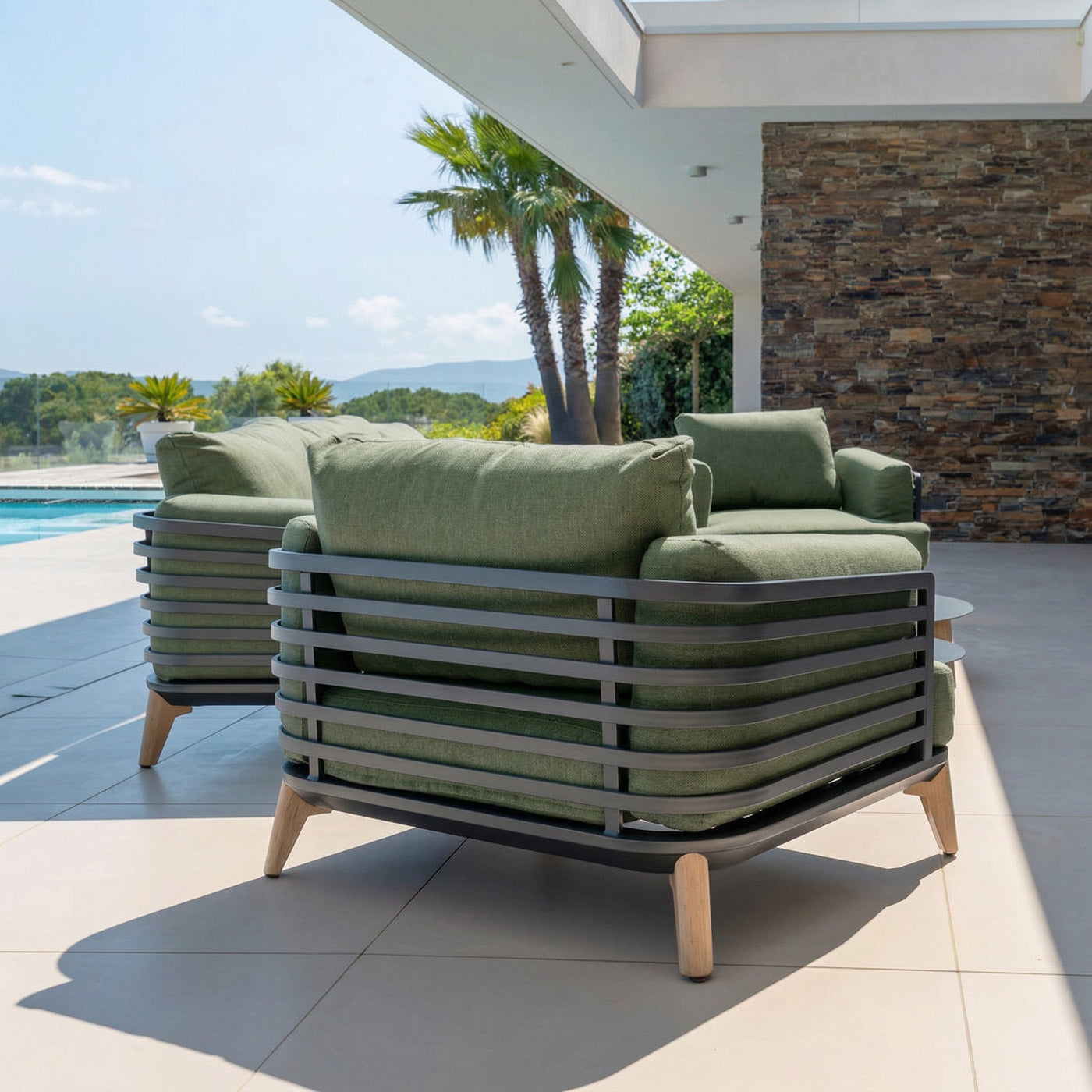 Salon de jardin Monte Carlo Meublot pour 5 personnes, ensemble de meubles en bois et tissu avec coussins confortables.