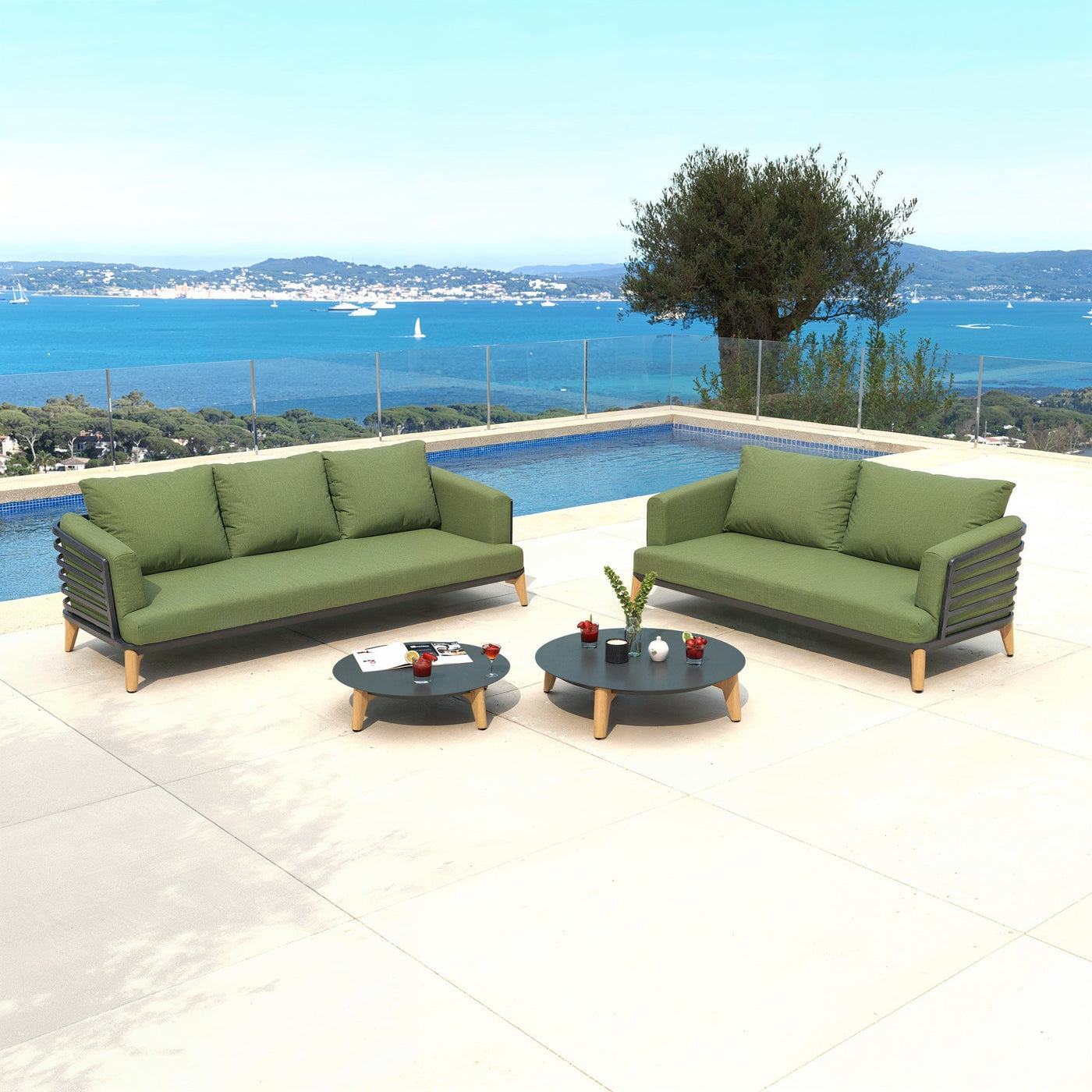 Salon de jardin Monte Carlo 5 places de Meublot avec table et chaises en anthracite et vert, idéal pour l'extérieur.