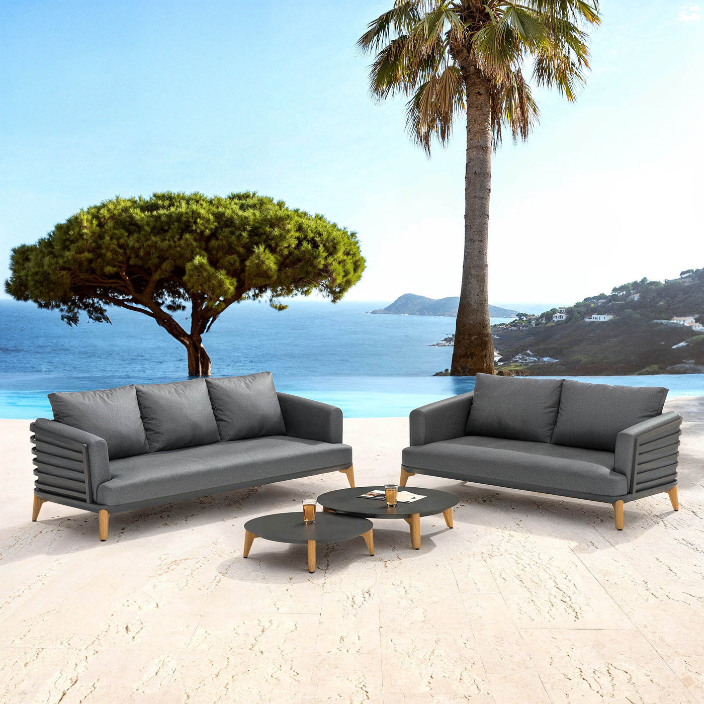 Salon de jardin Monte Carlo Meublot pour 5 places, angle en anthracite avec coussins confortables, idéal pour l'extérieur.