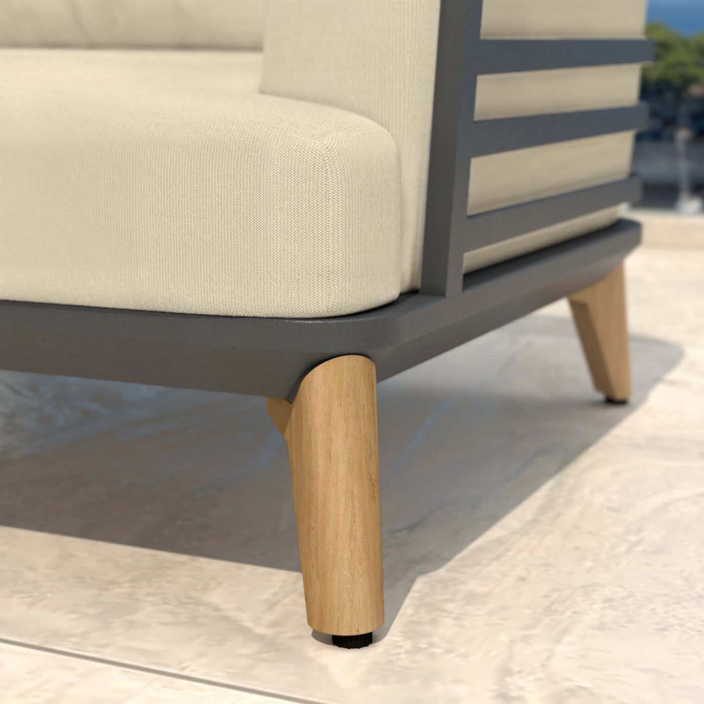 Table de jardin Monte Carlo Meublot avec 7 places, structure anthracite et coussins beige, idéale pour l'extérieur.