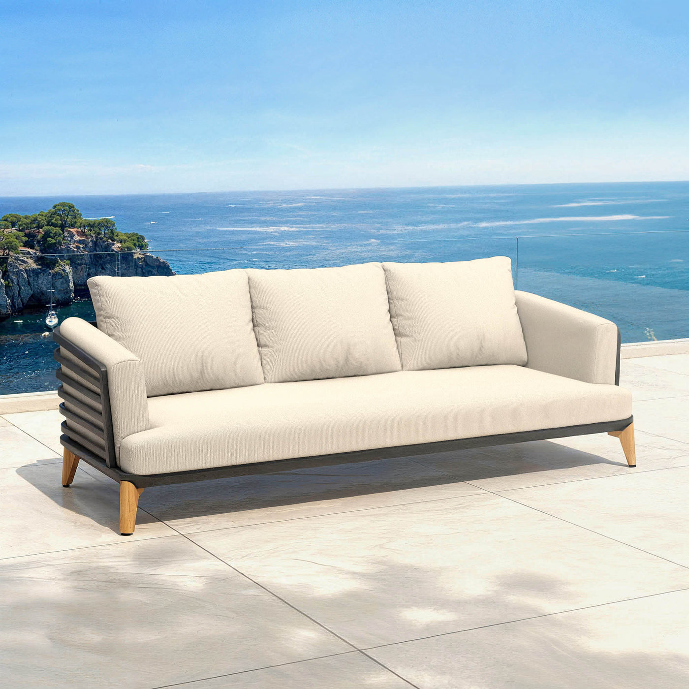 Canapé de salon de jardin Monte Carlo 7 places Meublot en anthracite et sable, avec coussins rembourrés et cadre en métal robuste.