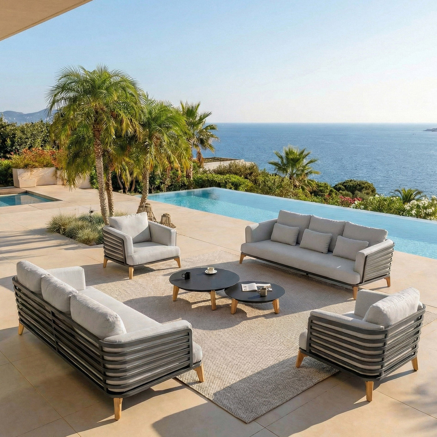 Table de salon de jardin Monte Carlo pour 8 personnes avec chaises en bois et coussins, style élégant et moderne.