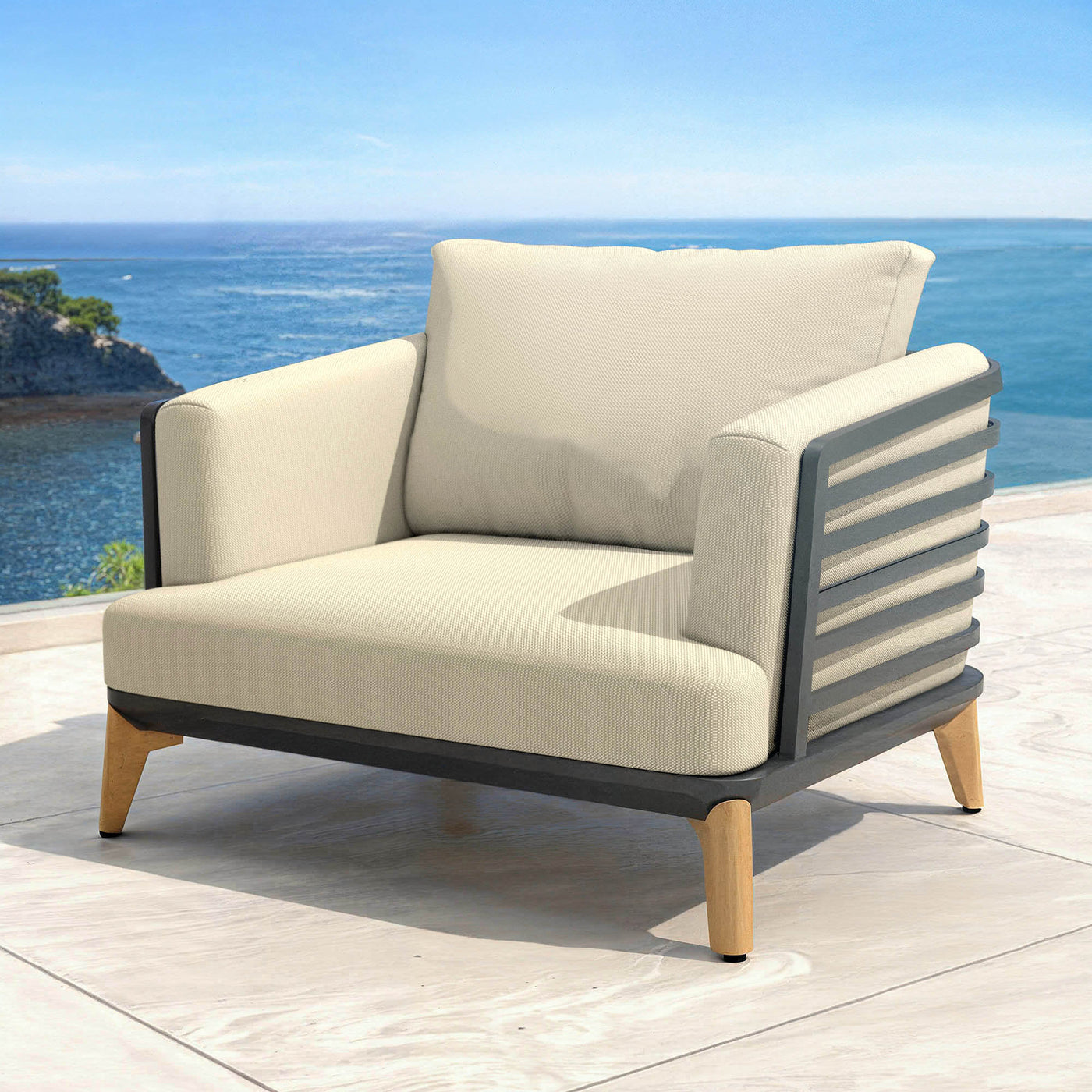 Fauteuil de salon de jardin Monte Carlo Meublot, design anthracite et beige, pour un espace extérieur élégant et confortable.