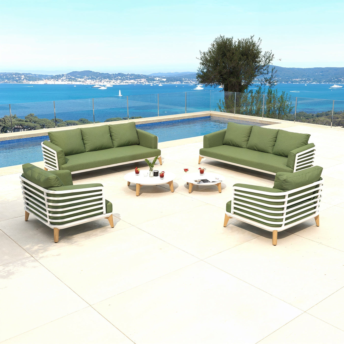 Table et chaises de jardin Monte Carlo Meublot, ensemble de 8 places en blanc et vert, mobilier extérieur élégant et spacieux.