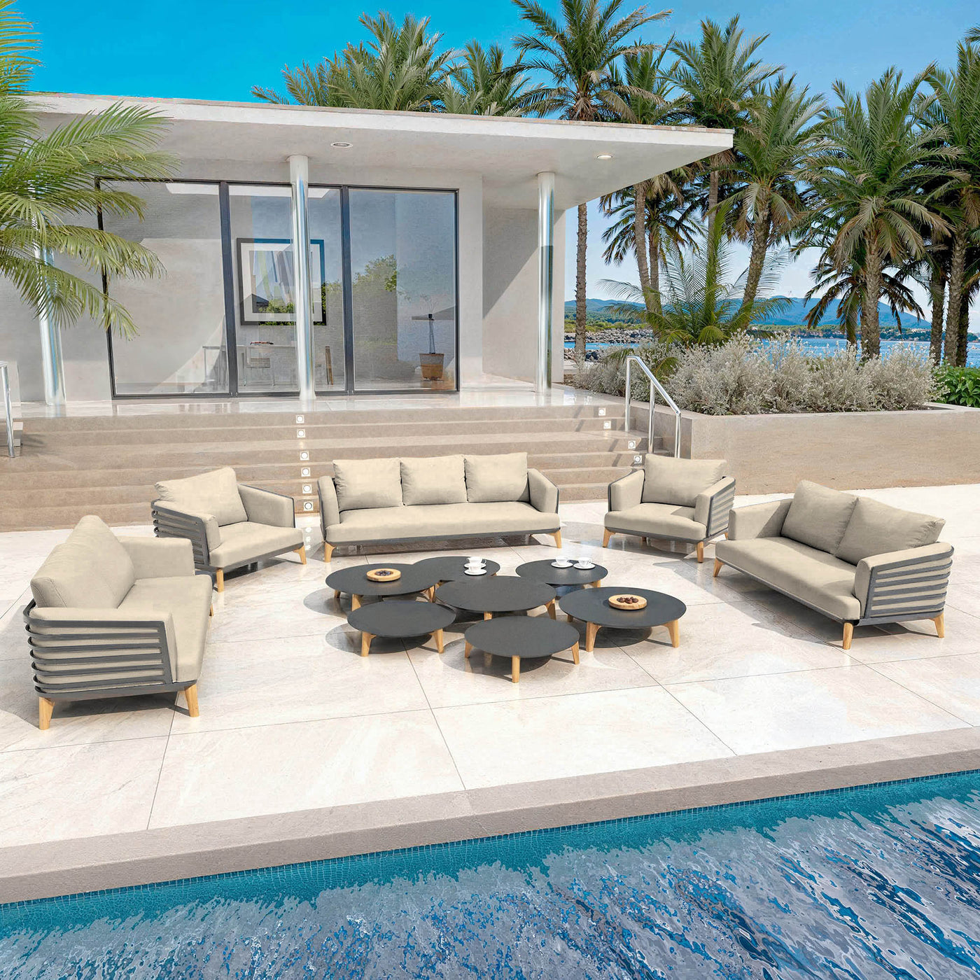 Table de jardin Monte Carlo pour 9 personnes avec chaises anthracite et coussins sable, design élégant et robuste, par Meublot.