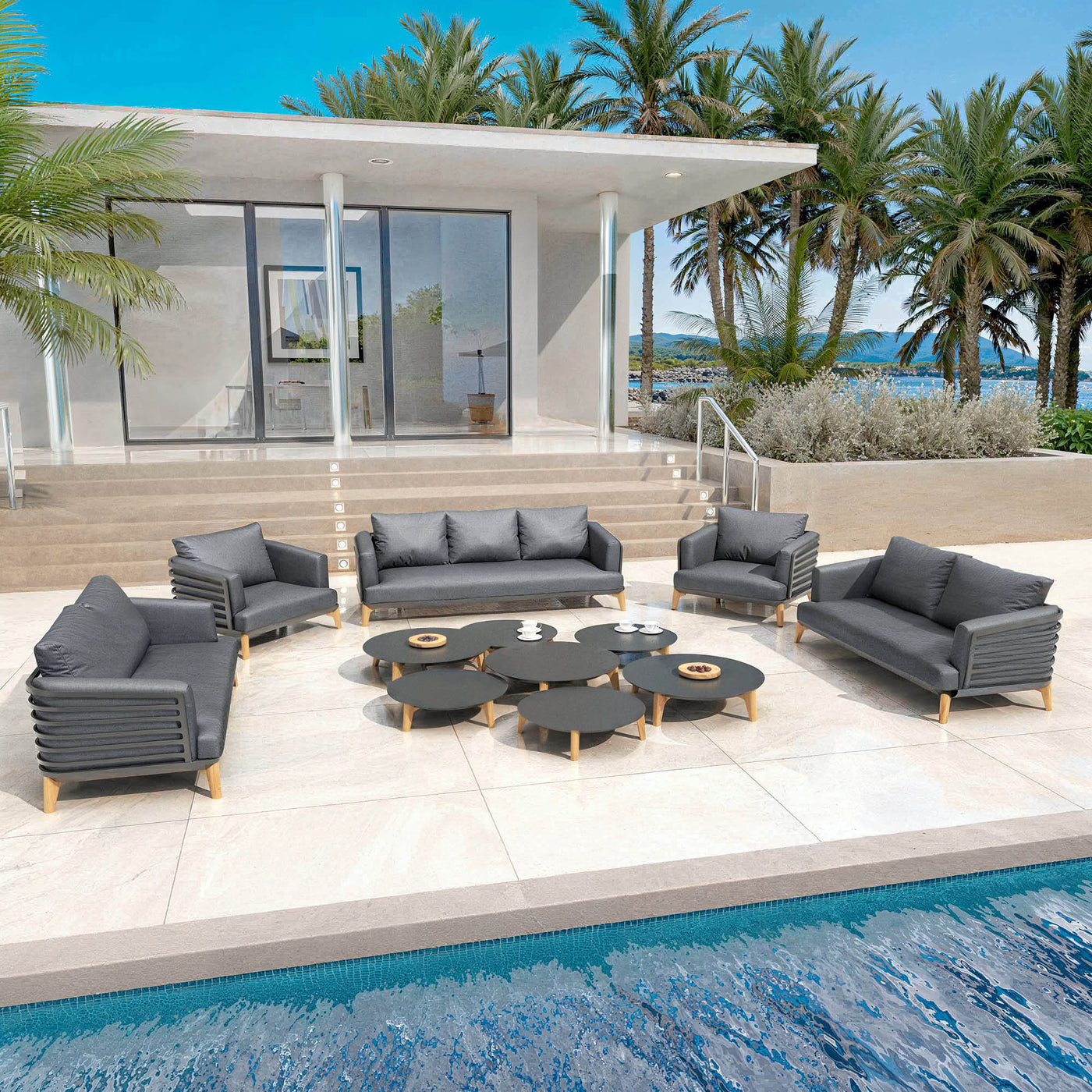 Salon de jardin Monte Carlo 9 places de Meublot avec table et chaises en anthracite, design élégant pour extérieur.