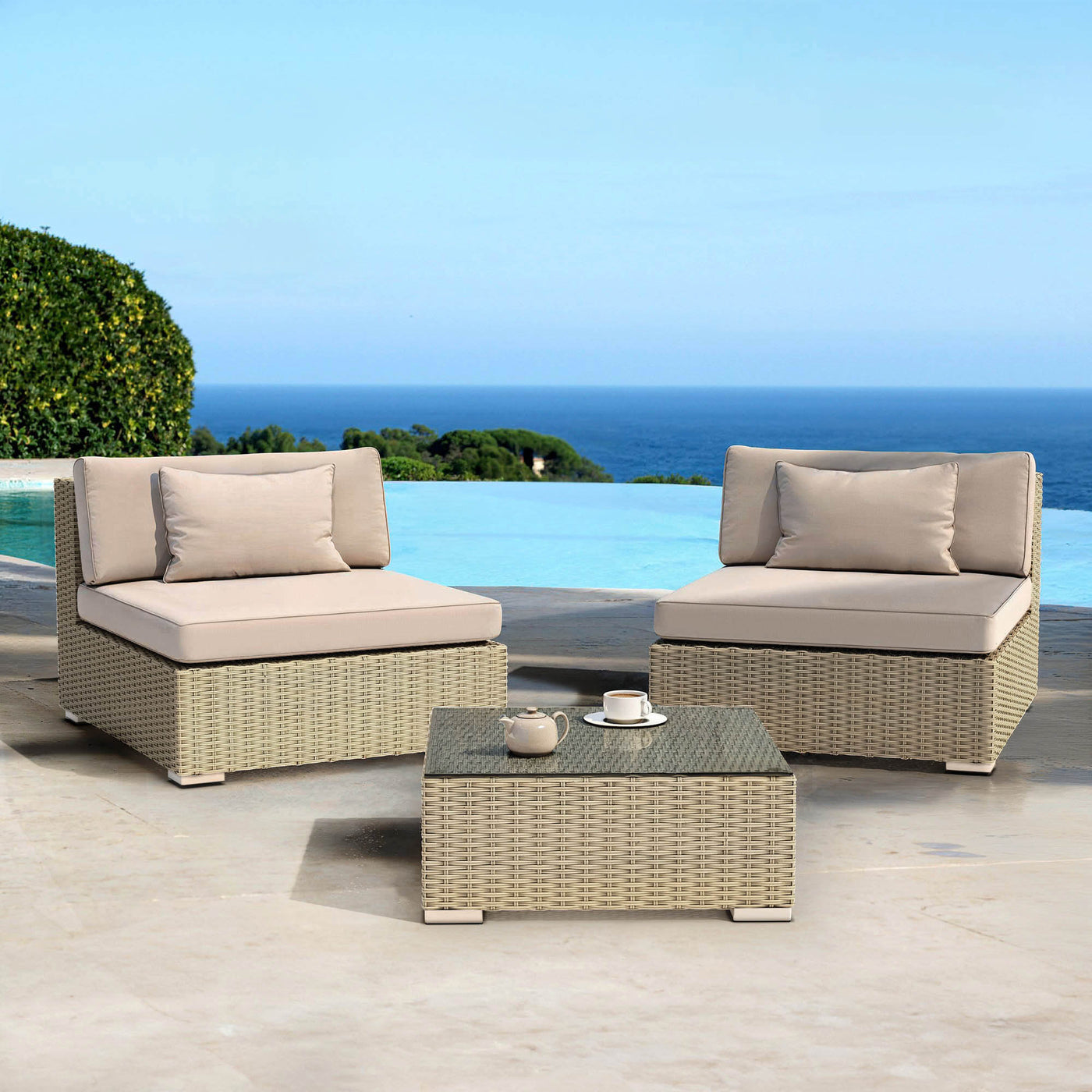 Fauteuil de jardin Palma Meublot en gris taupe, deux places, avec coussins confortables pour extérieur.