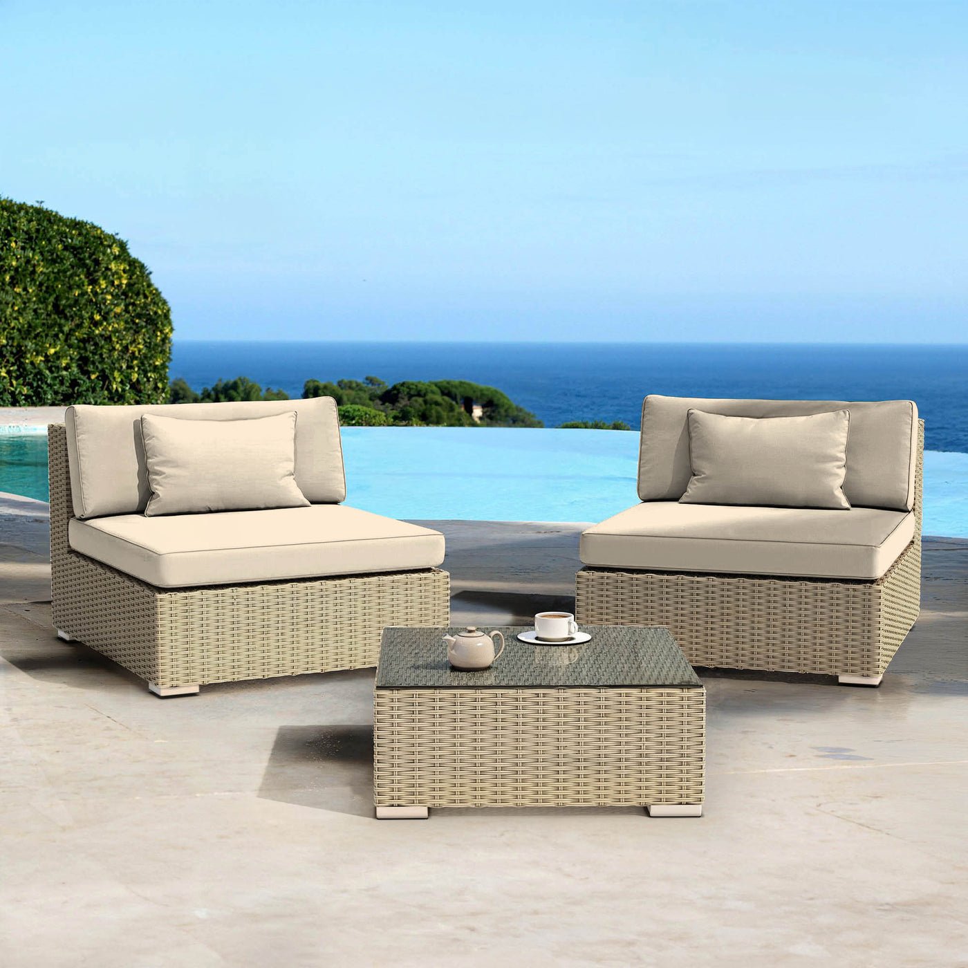 Salon de jardin Palma 2 places Meublot avec cadre en gris et coussins beige, idéal pour l'extérieur.