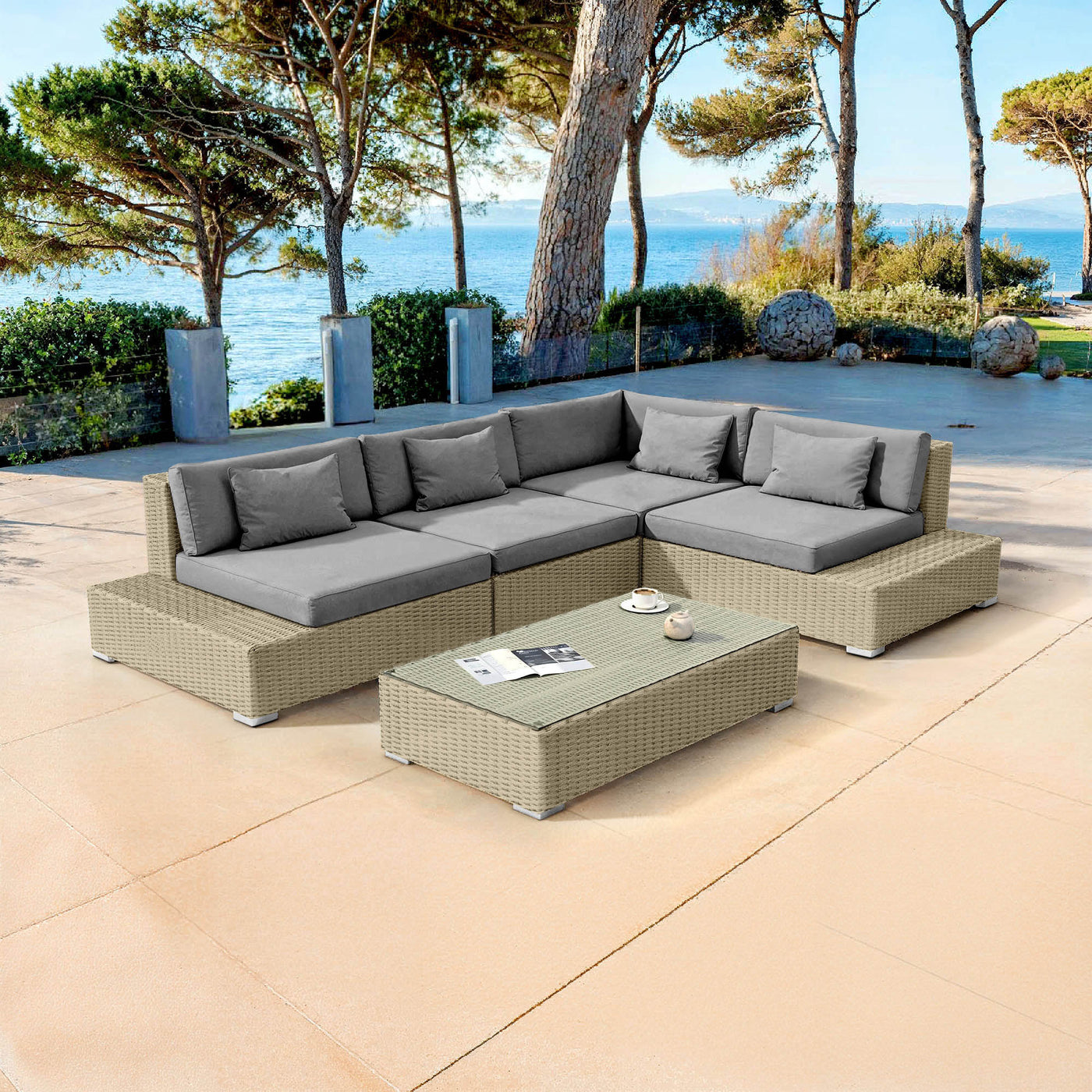 Salon de jardin Palma Meublot pour 5 personnes avec cadre en gris anthracite, ensemble de mobilier extérieur élégant.