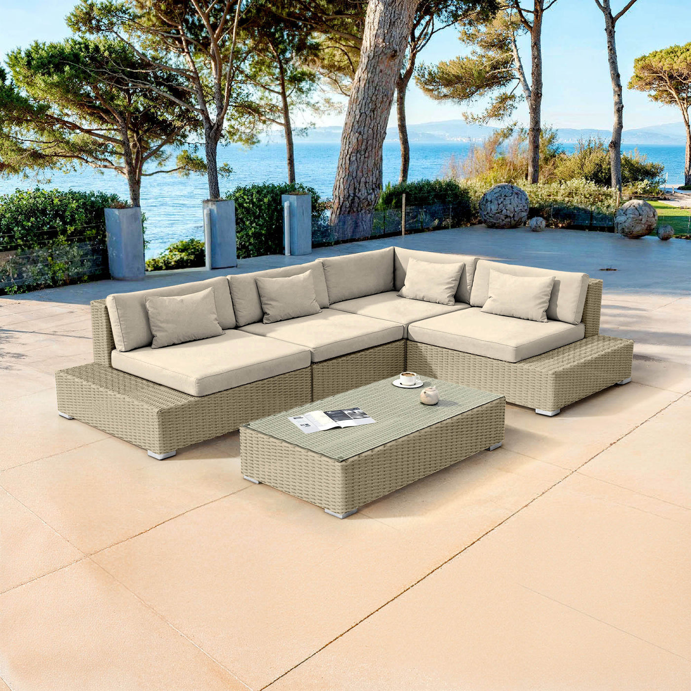 Salon de jardin Palma Meublot pour 5 places avec coussins gris et beige, ensemble de meubles d'extérieur élégant et confortable.