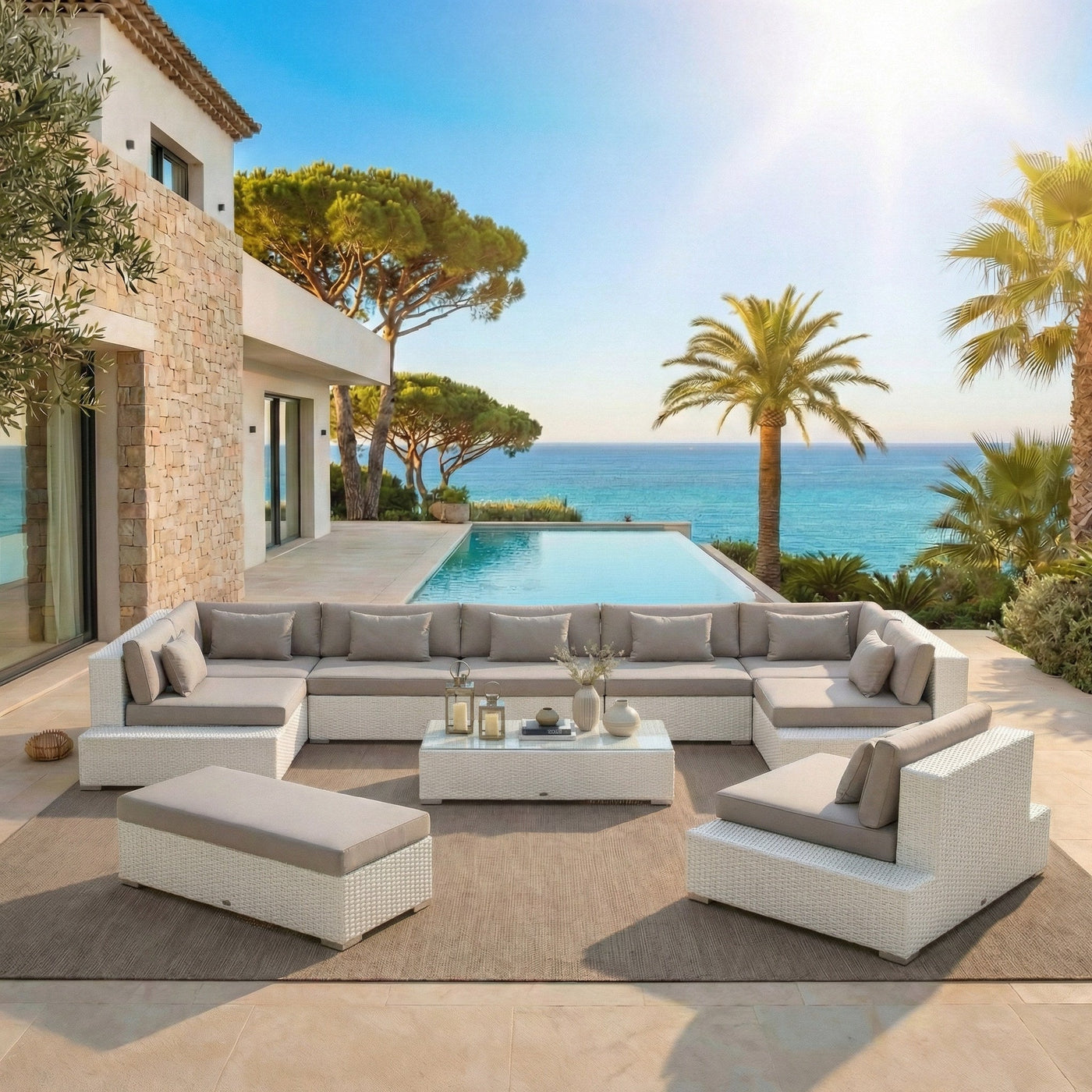 Salon de jardin Palma Meublot pour 9 personnes avec table et chaises en bois élégant, idéal pour l’extérieur.