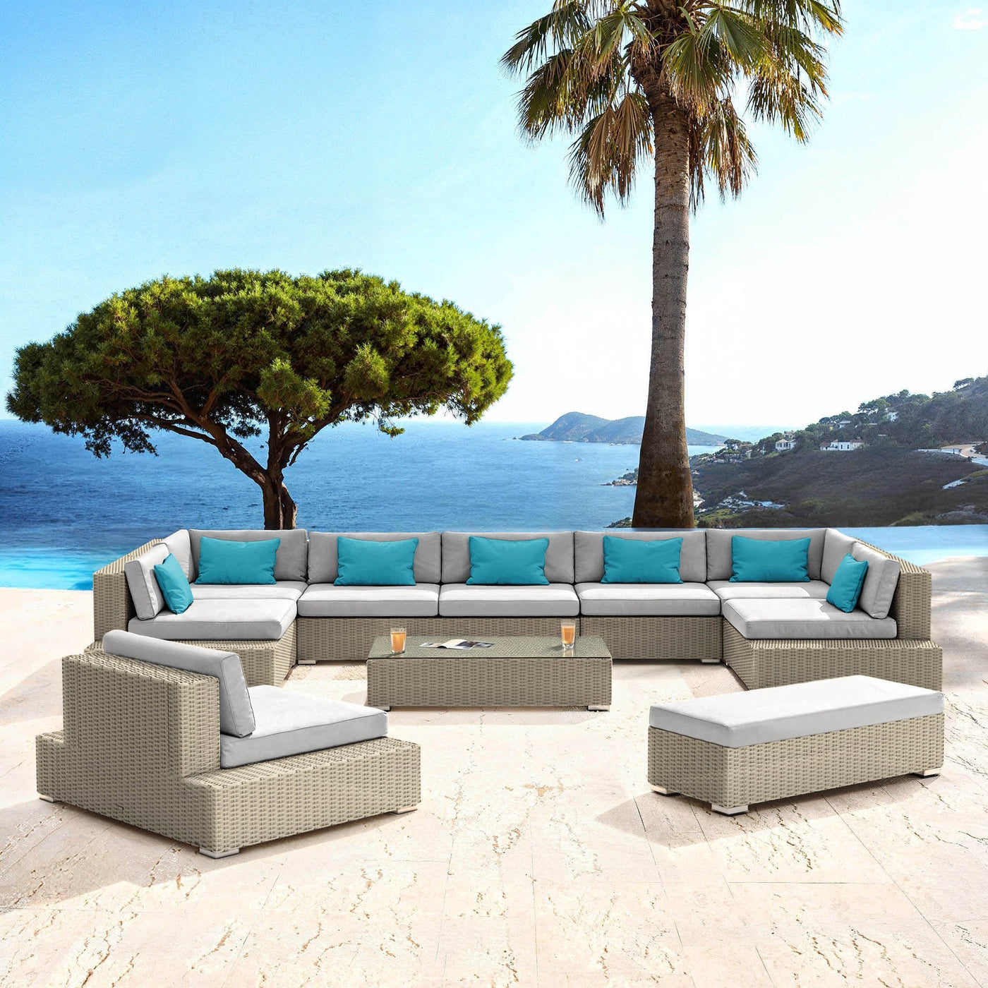 Salon de jardin Palma 9 places de Meublot avec table en gris et chaises confortables, idéal pour l'extérieur.