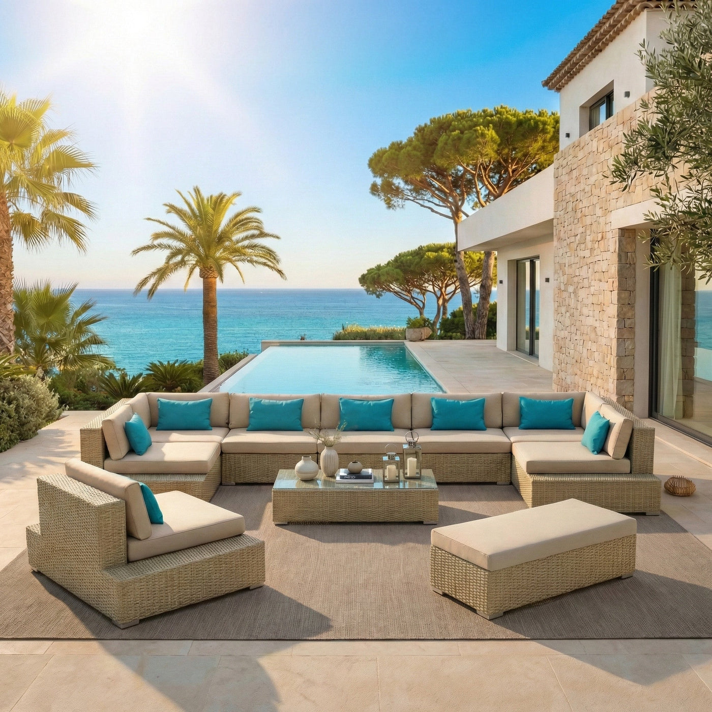 Salon de jardin Palma Meublot pour 9 personnes avec table et chaises en bois et tissu résistant, idéal pour l’extérieur.