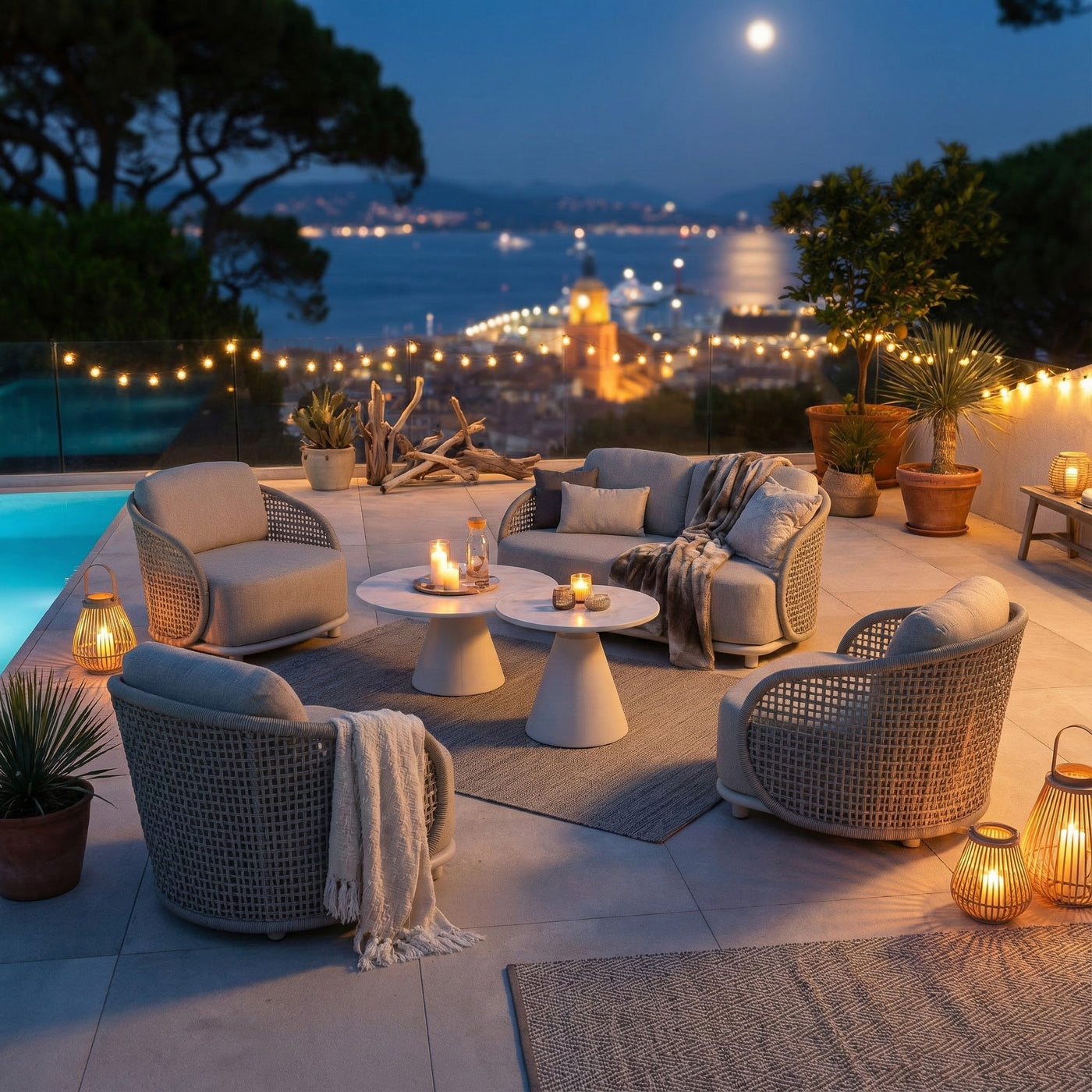 Salon de jardin Riviera pour 4 personnes de la marque Meublot, avec fauteuils et table en blanc, dans un espace extérieur.