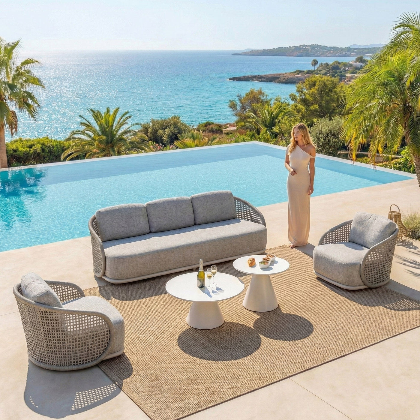 Salon de jardin Riviera Meublot pour 5 personnes avec table et chaises en blanc, idéal pour extérieur et terrasse.