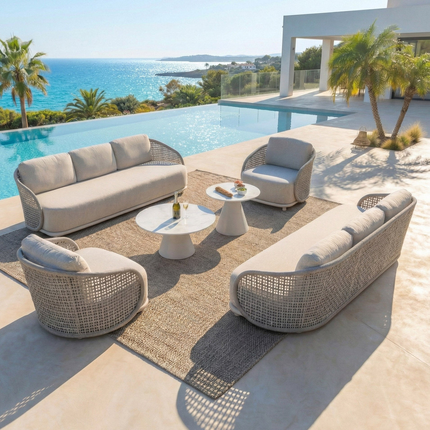Salon de jardin Riviera 8 places de la marque Meublot avec tables et chaises en blanc pour extérieur.