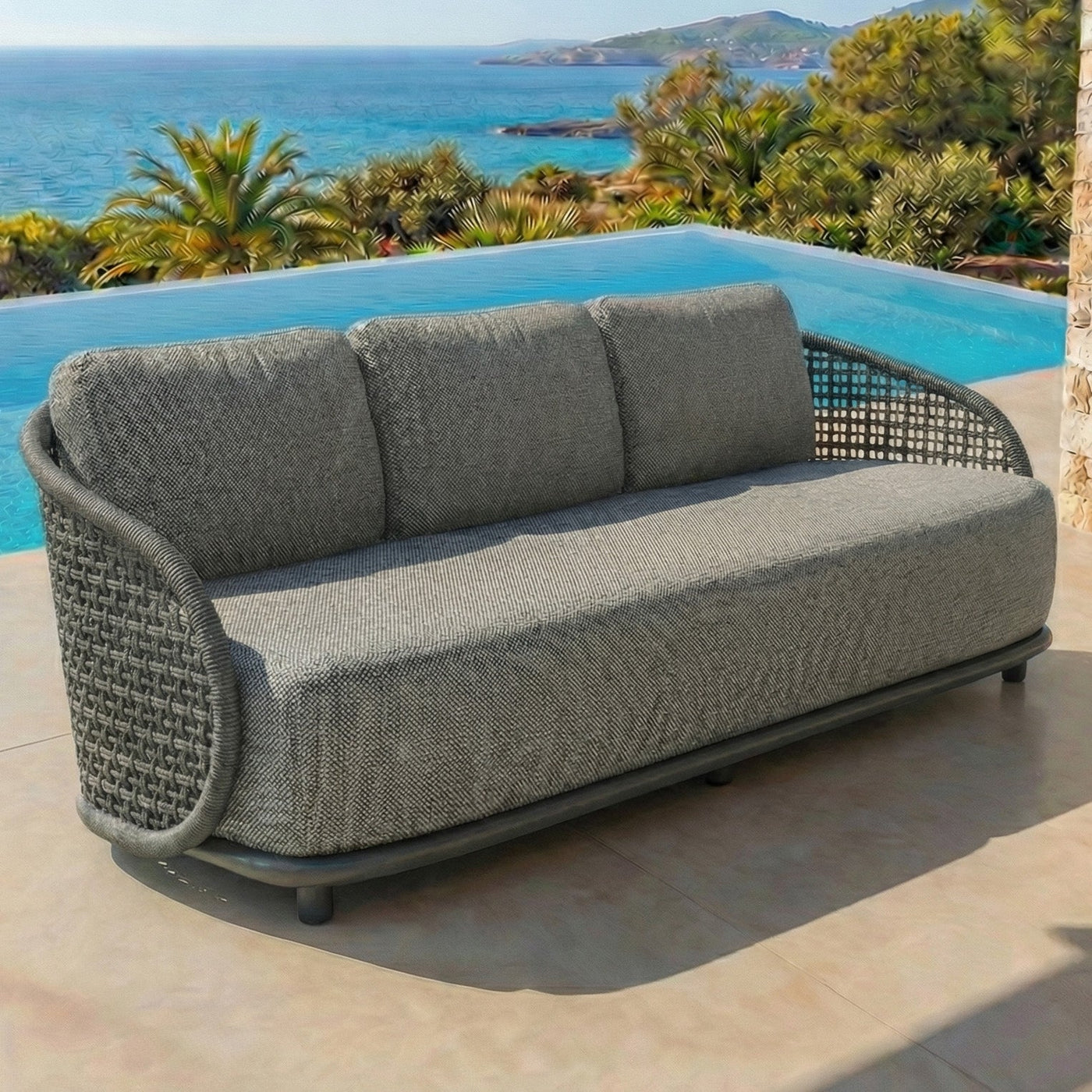 Canapé de jardin Riviera 8 places de la marque Meublot, fauteuil anthracite avec coussins pour salon extérieur spacieux.