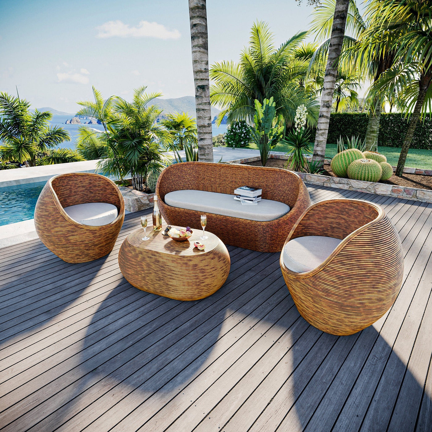 Salon de jardin Trinidad pour 5 personnes de la marque Meublot, ensemble de meubles en bois avec coussins confortables.