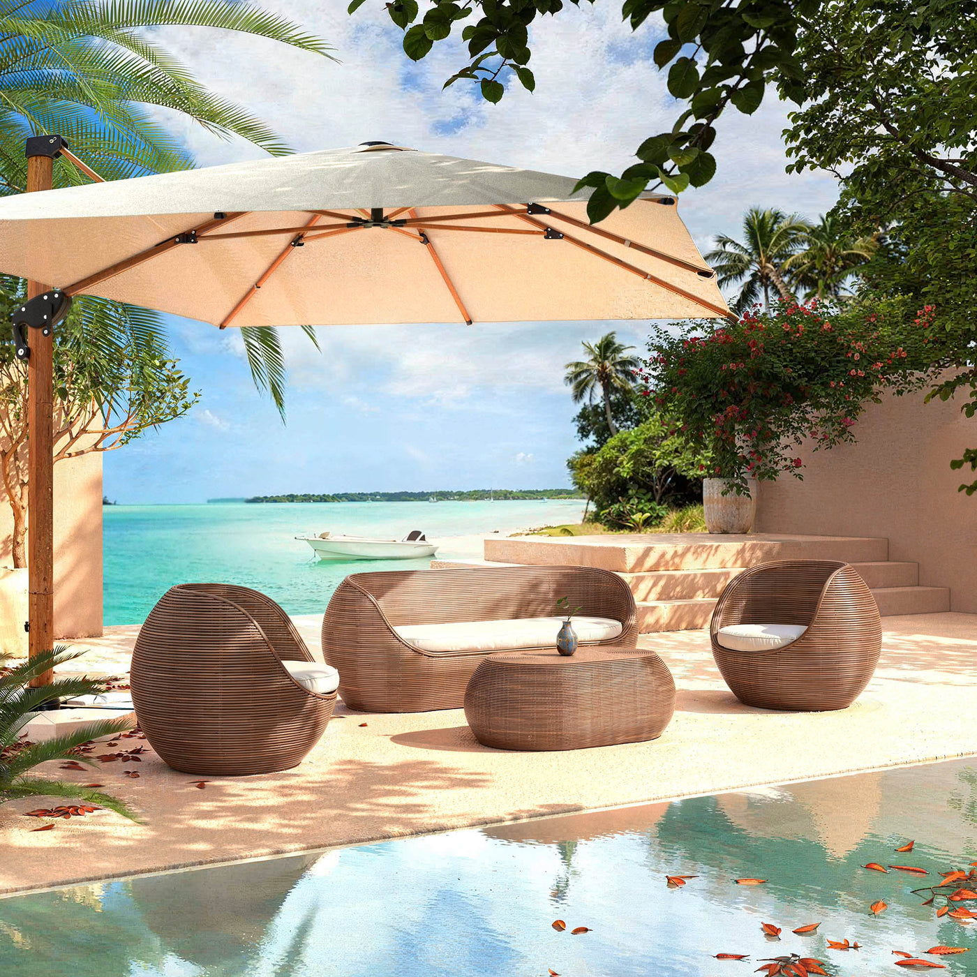 Salon de jardin Trinidad Meublot avec 5 places, comprenant canapé, fauteuils et table en osier pour extérieur.