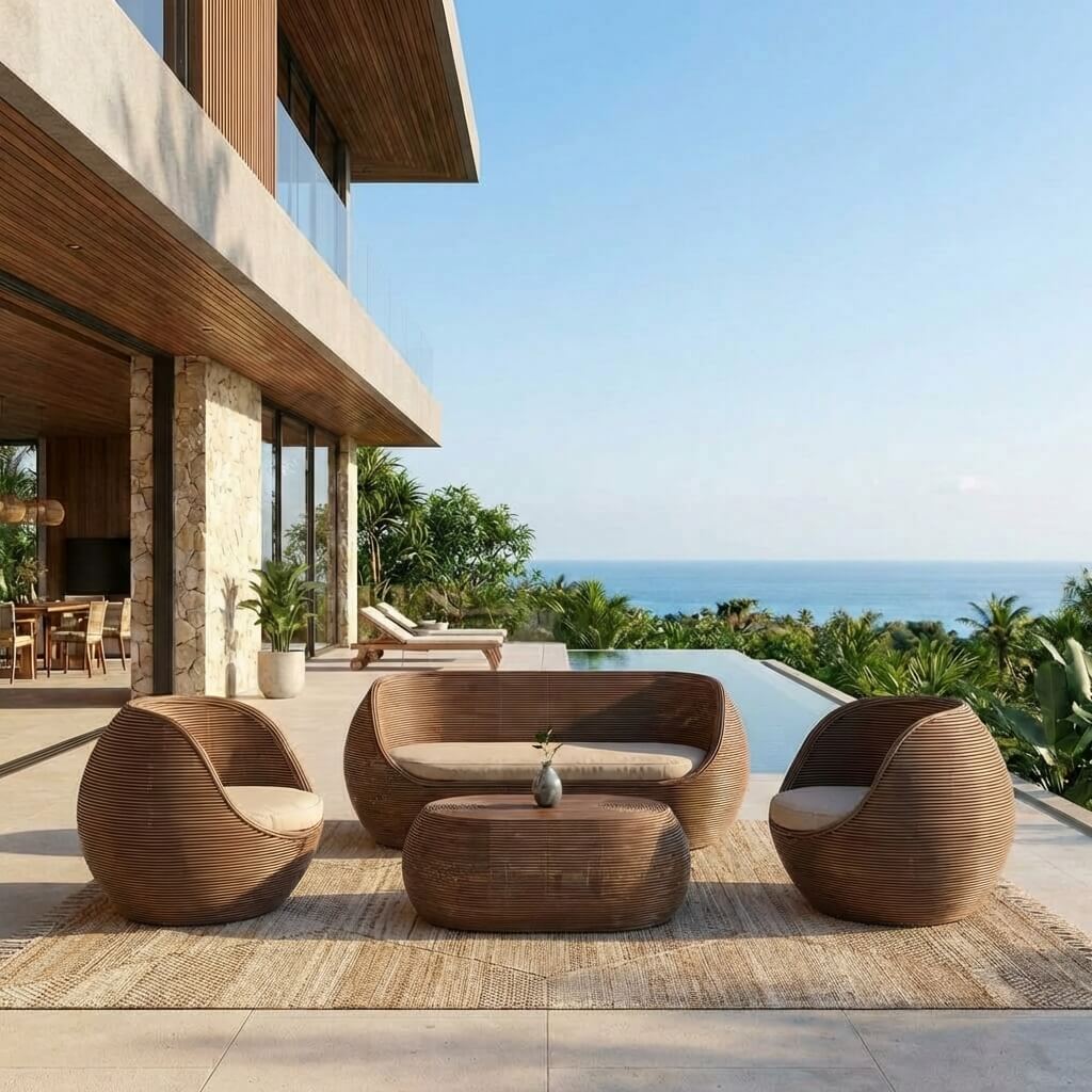 Salon de jardin Trinidad 5 places de la marque Meublot, ensemble de meubles en bois pour extérieur avec table et chaises.