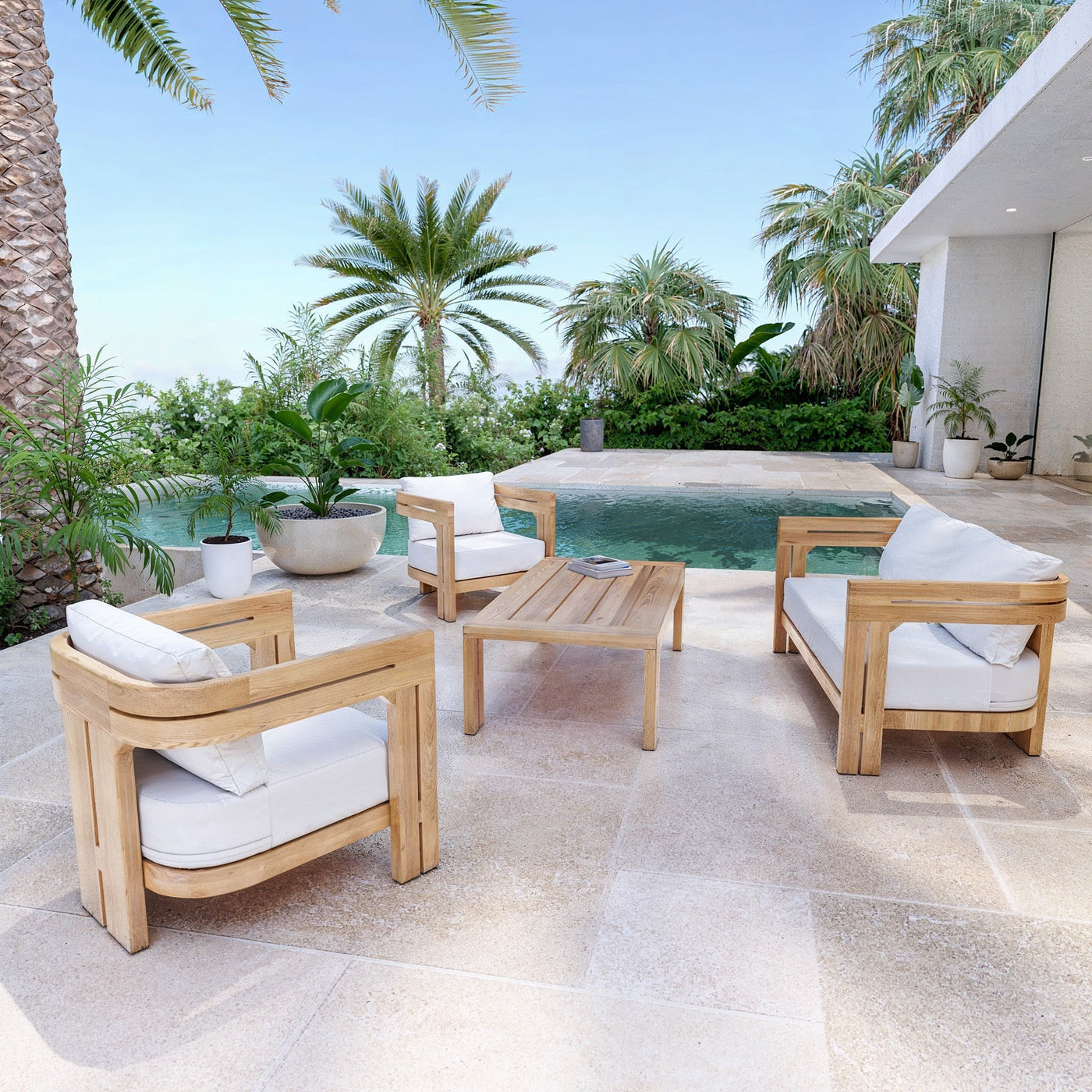 Salon de jardin Zanzibar Meublot, ensemble 4 places avec fauteuils en bois blanc, idéal pour extérieur.