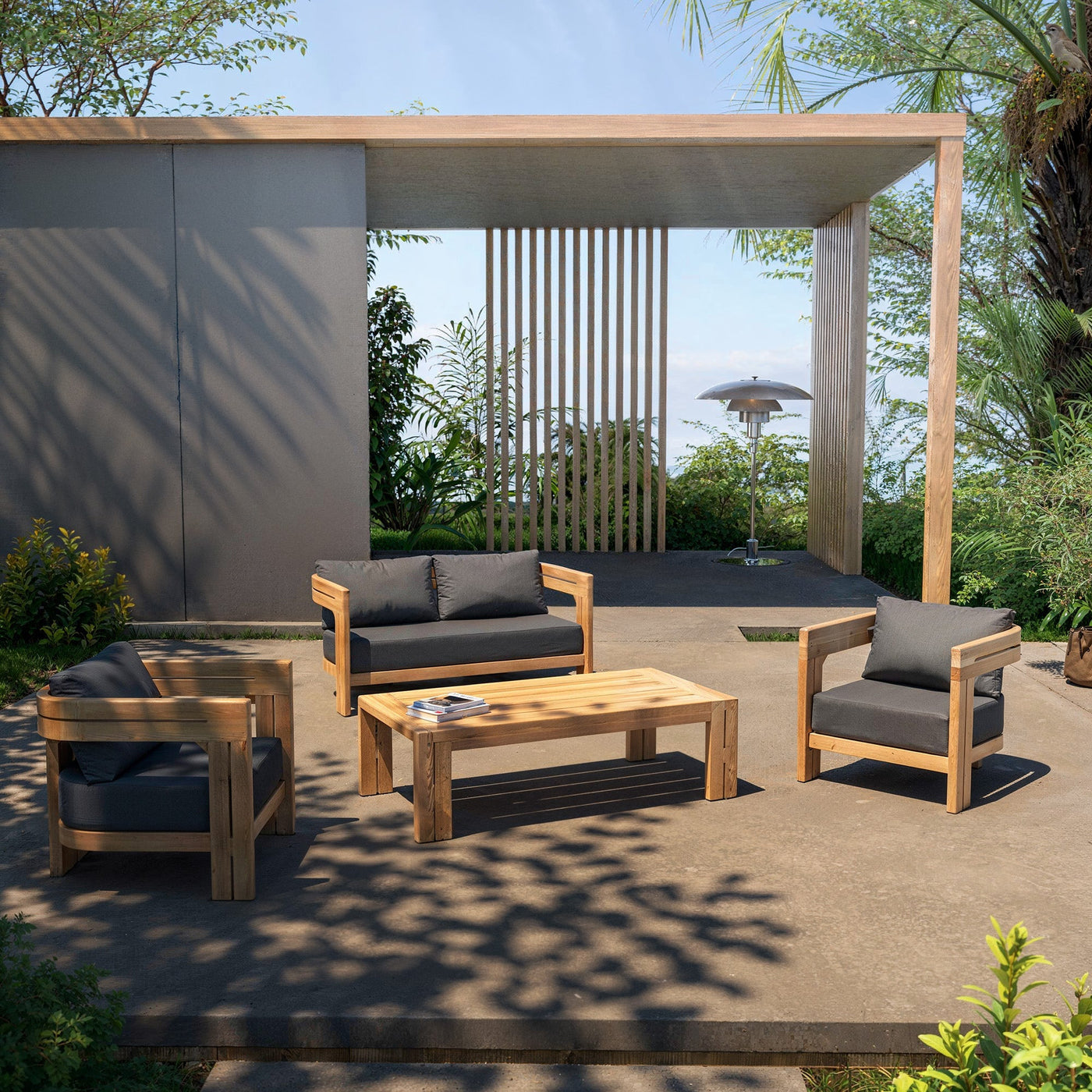 Salon de jardin Zanzibar 4 places de Meublot avec cadres en métal gris et coussins confortables, idéal pour l'extérieur.