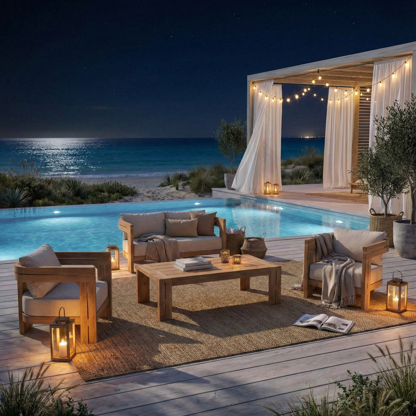 Salon de jardin Zanzibar 4 places de Meublot en tissu beige avec coussins, idéal pour extérieur.