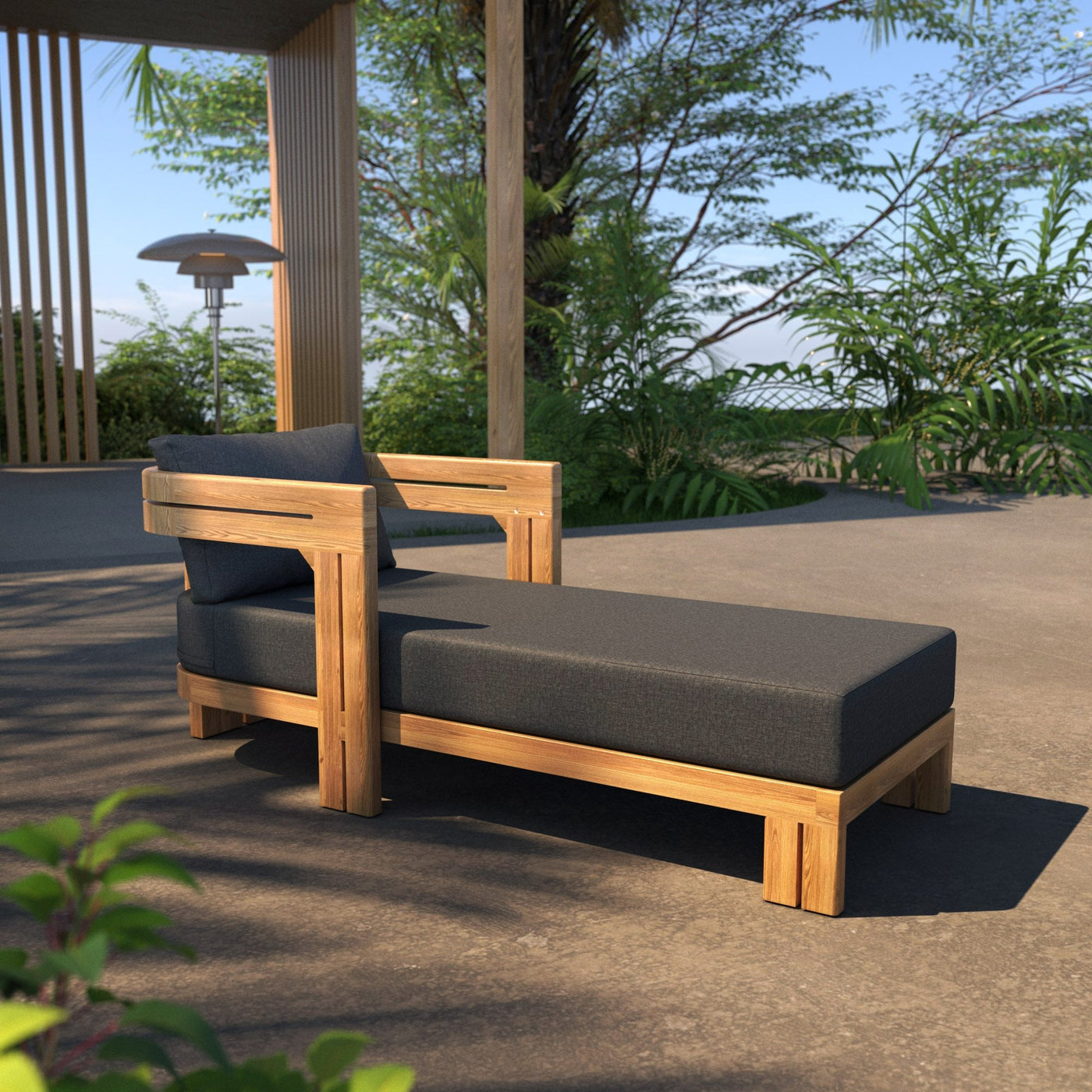 Salon de jardin Zanzibar 5 places de Meublot en gris avec coussins, conçu pour l'extérieur et le confort.