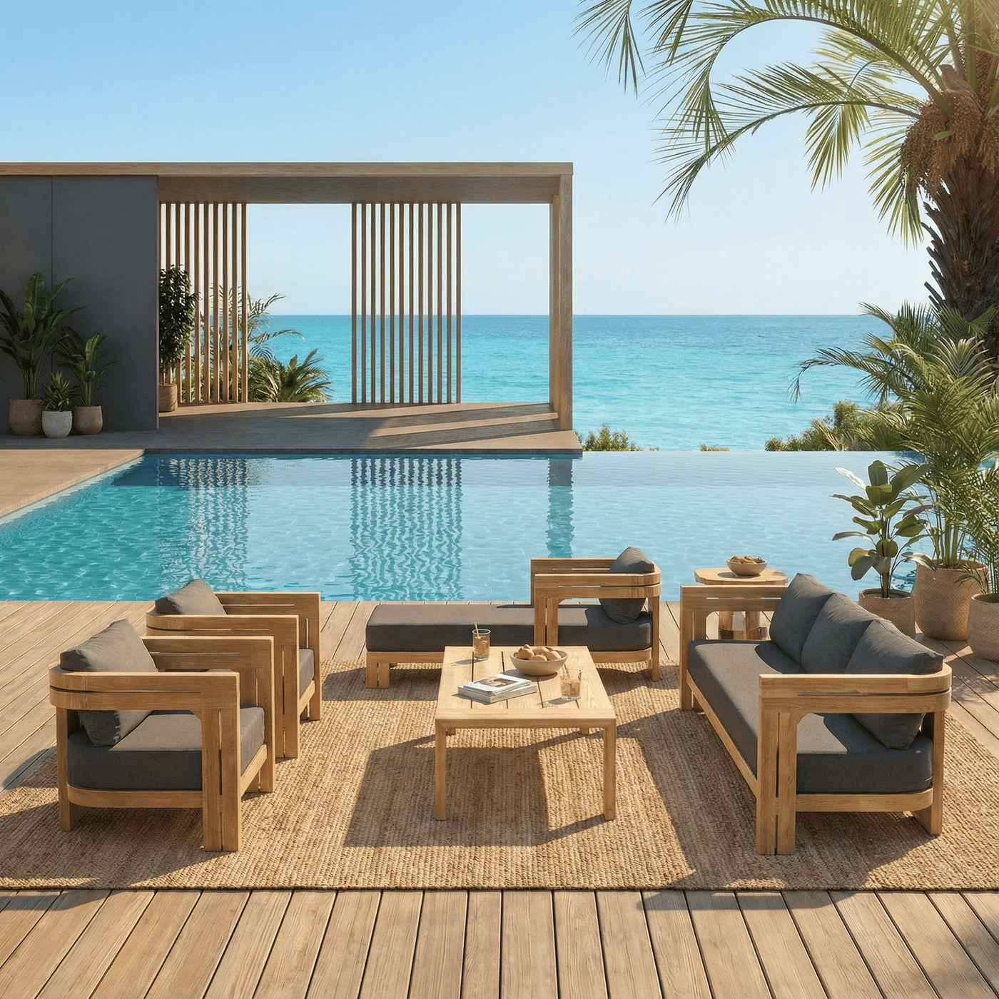 Salon de jardin Zanzibar 5 places de Meublot avec table et chaise longue en bois et tissu, idéal pour extérieur.