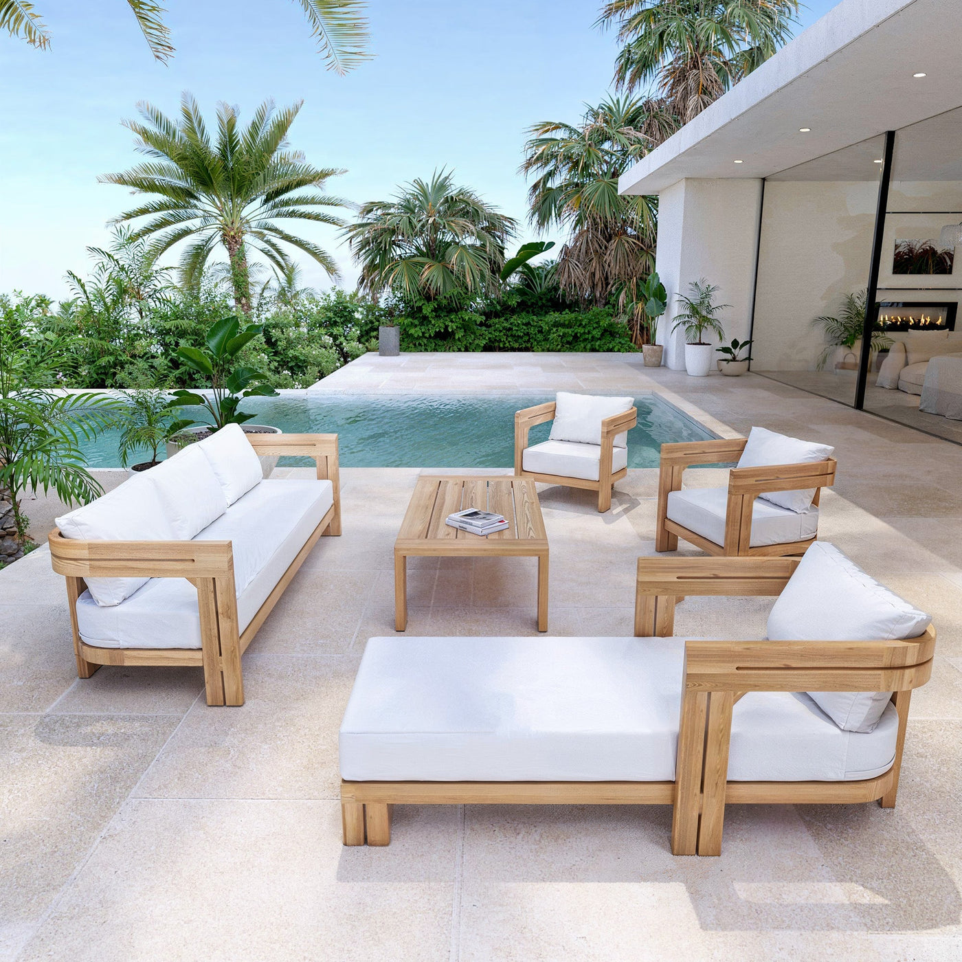 Salon de jardin Zanzibar Meublot avec canapé longue blanche et coussins, 5 places, mobilier d'extérieur élégant et confortable.