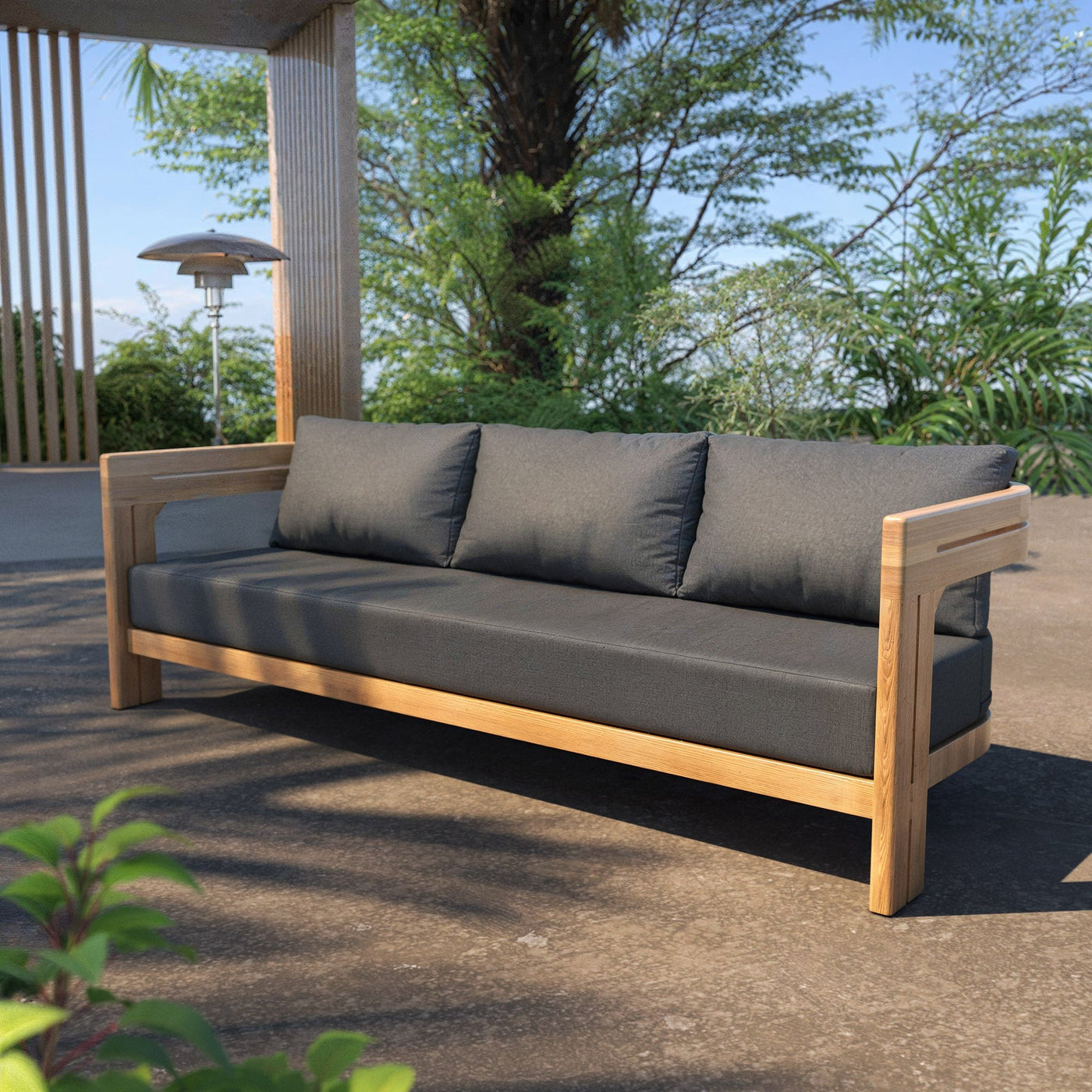 Salon de jardin Zanzibar 5 places de Meublot avec coussins gris, design moderne et espace convivial pour l'extérieur.