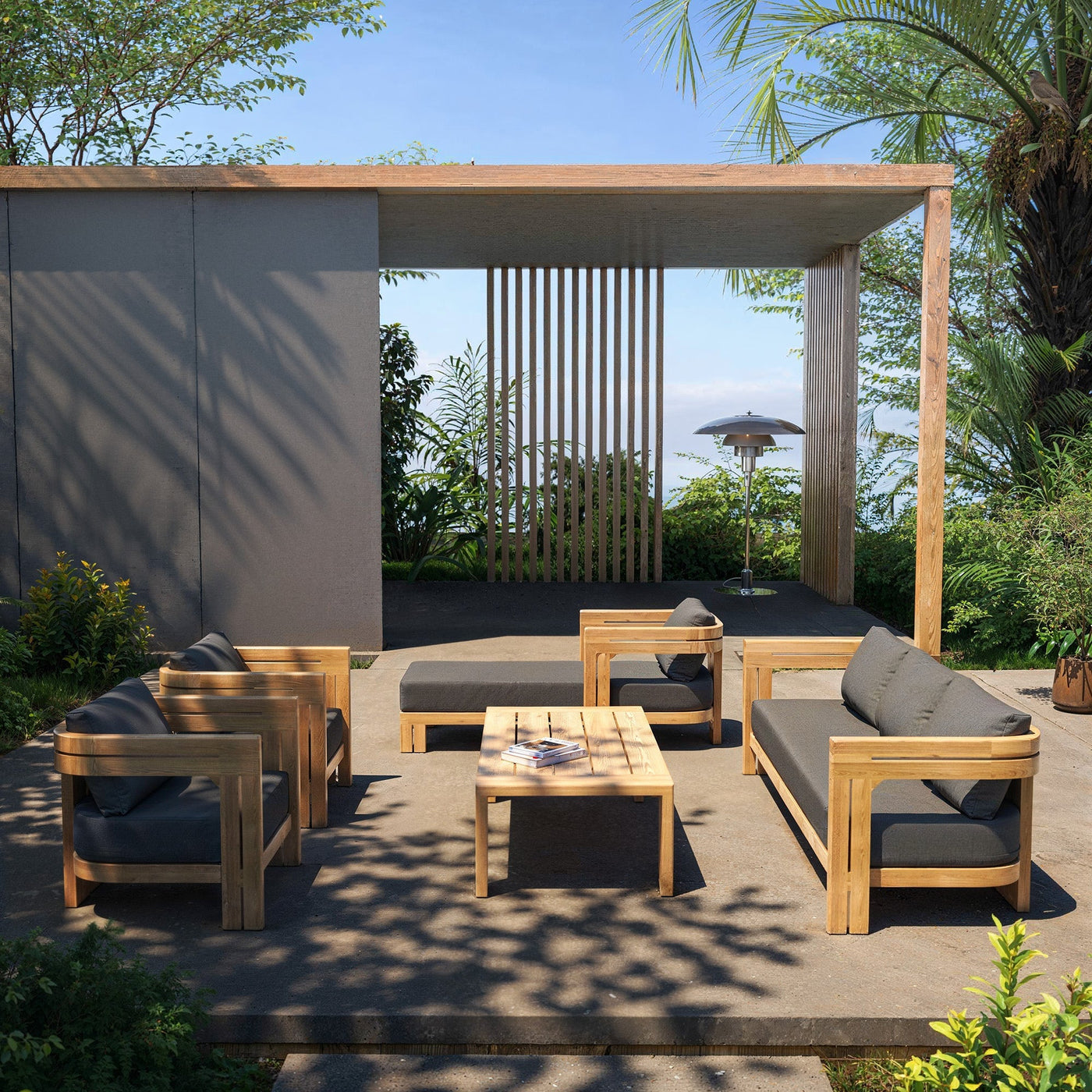 Salon de jardin Zanzibar Meublot avec canapé longue gris pour 5 personnes, mobilier d'extérieur élégant et confortable.