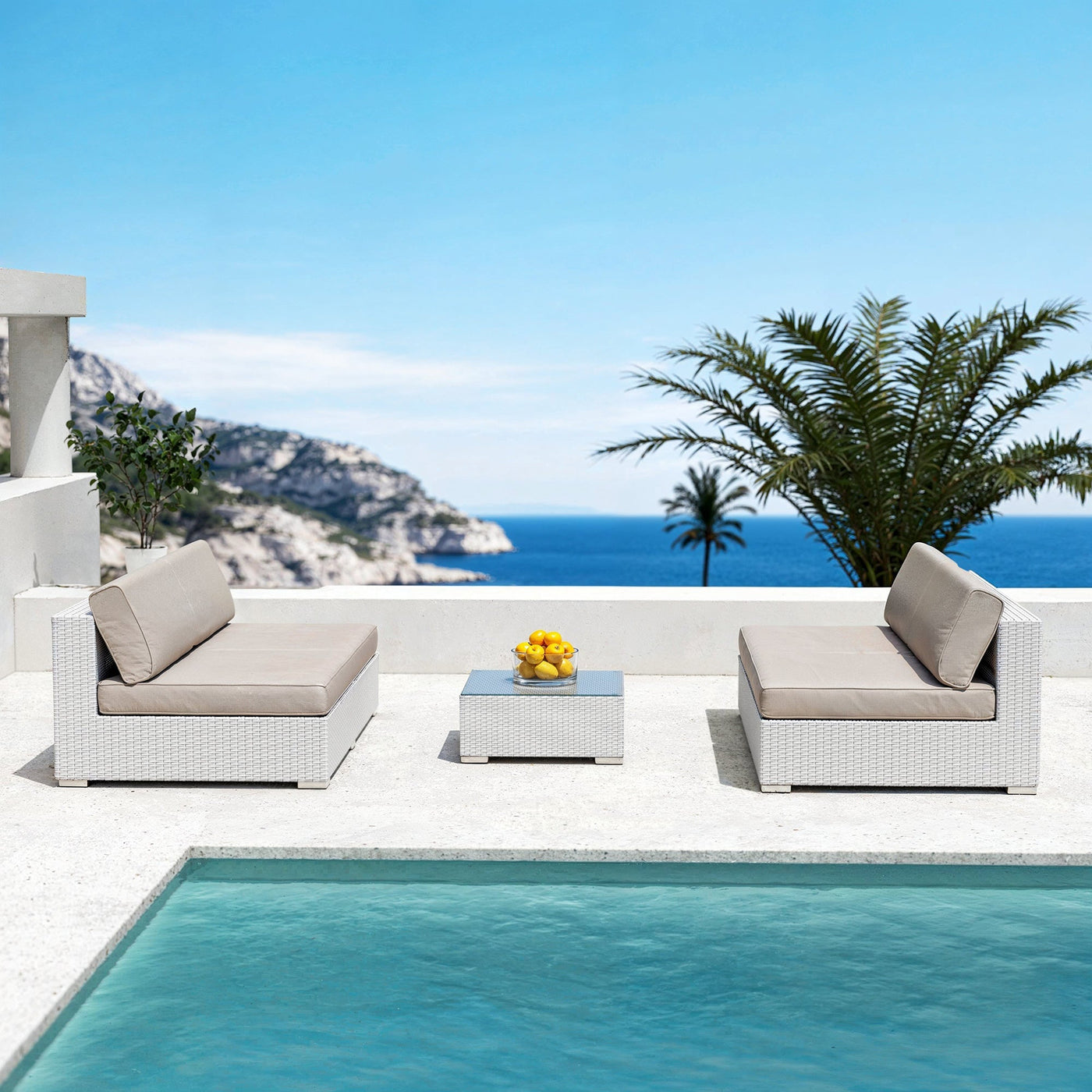 Table basse de jardin carrée Palma de Meublot avec surface en blanc et structure en métal, idéale pour l'extérieur.