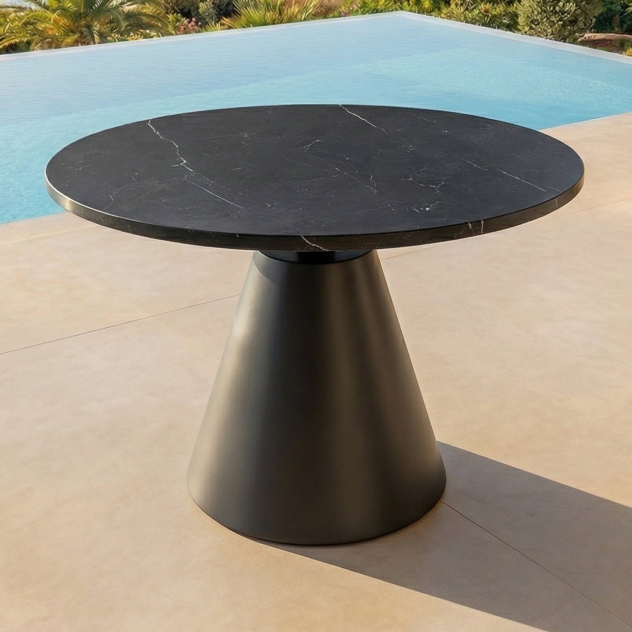 Table basse ronde de jardin en aluminium et céramique Riviera, couleur anthracite, diamètre 60 cm, par Meublot