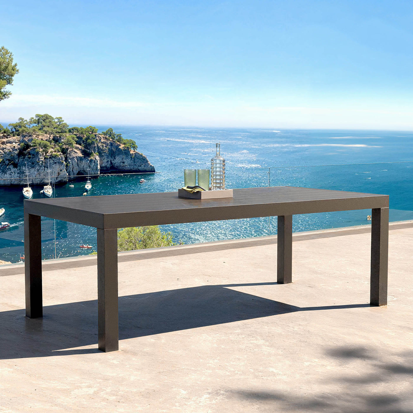 Table de jardin Murano 8 places en aluminium anthracite, table extérieure robuste de 210 x 100 cm, conçue par Meublot.