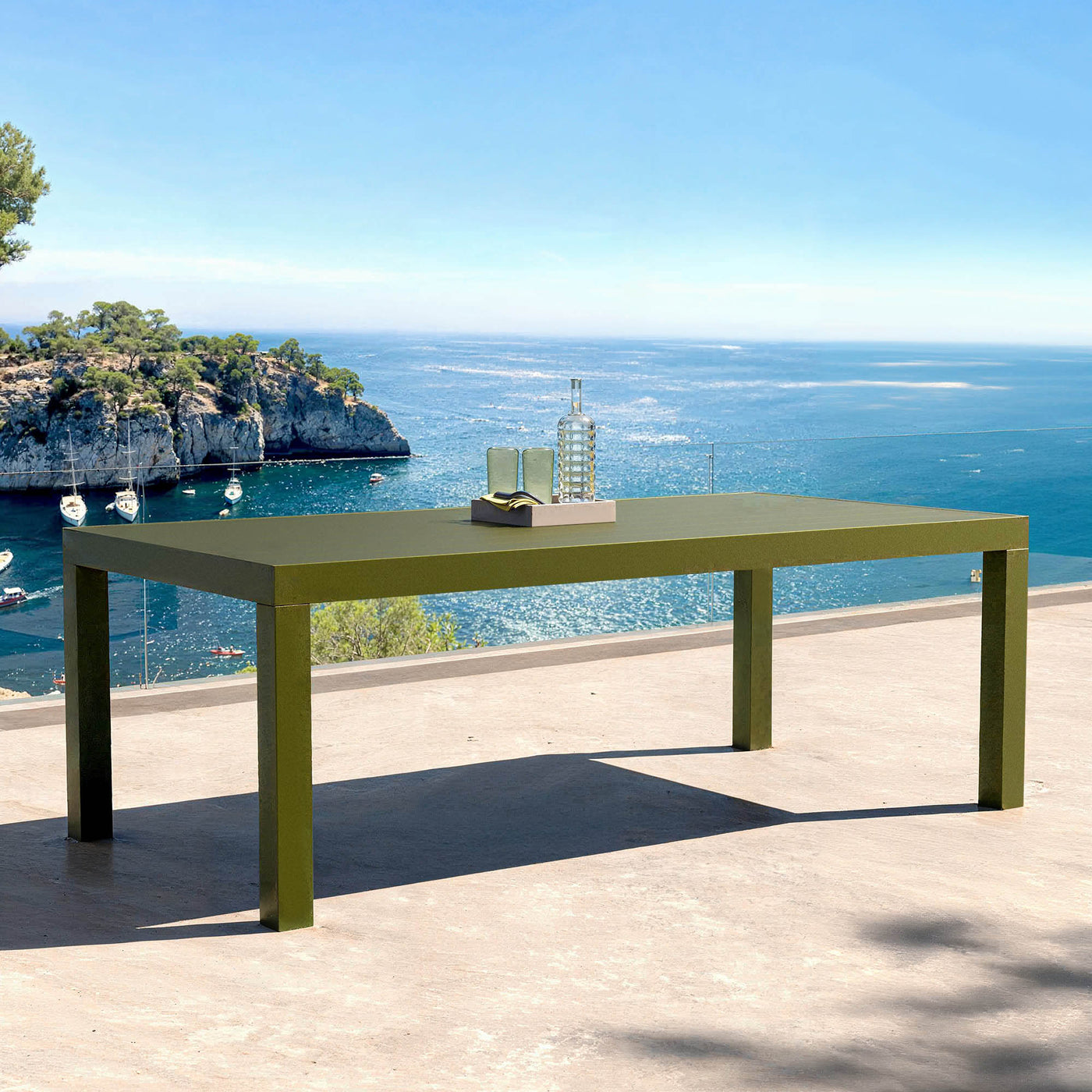 Table de jardin Murano 210x100 cm en aluminium verte, table pour 8 personnes, design moderne et résistante de Meublot.