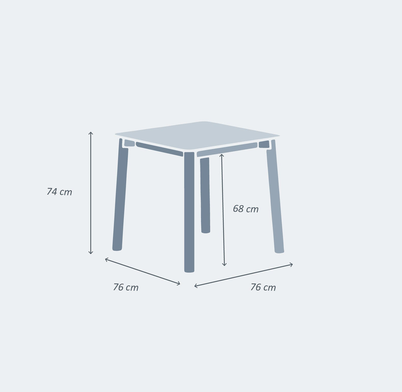Table de jardin carrée Monte Carlo en aluminium pour 4 personnes, dimensions 76x76 cm, design moderne et robuste.