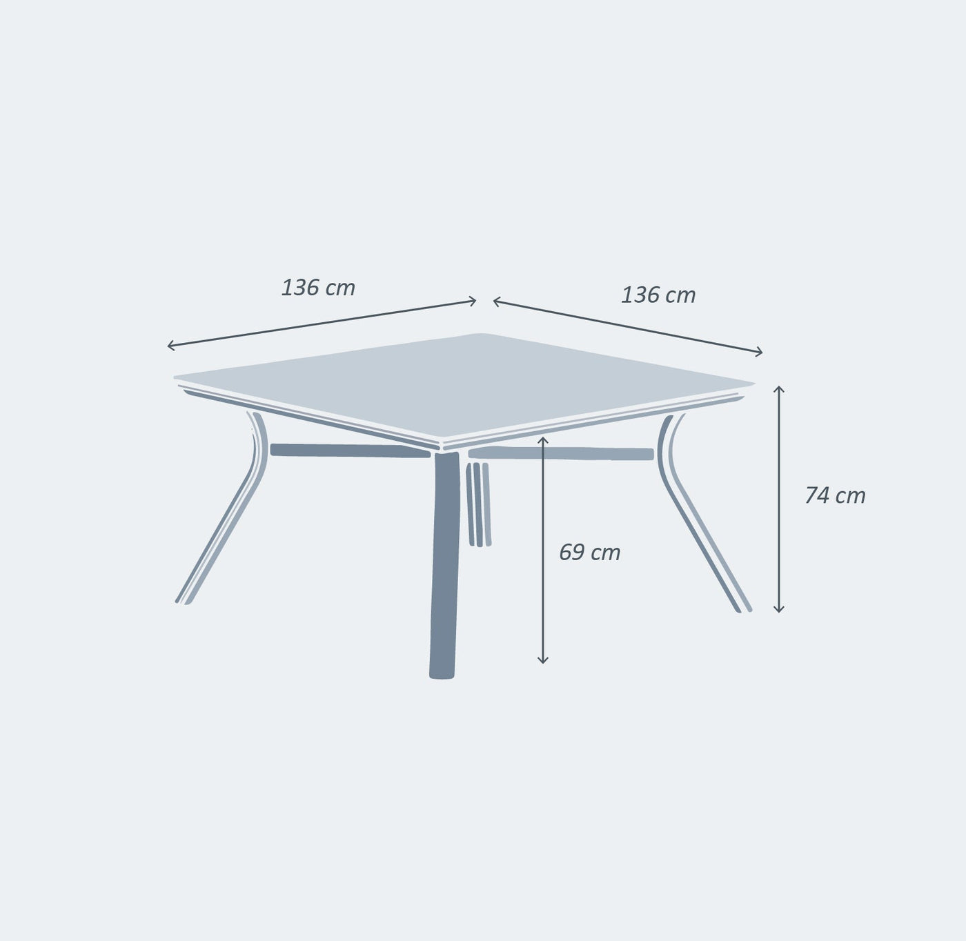Table de jardin carrée Amalfi 8 places de Meublot avec plateau en bois naturel et pieds en métal, dimensions 136x136cm.